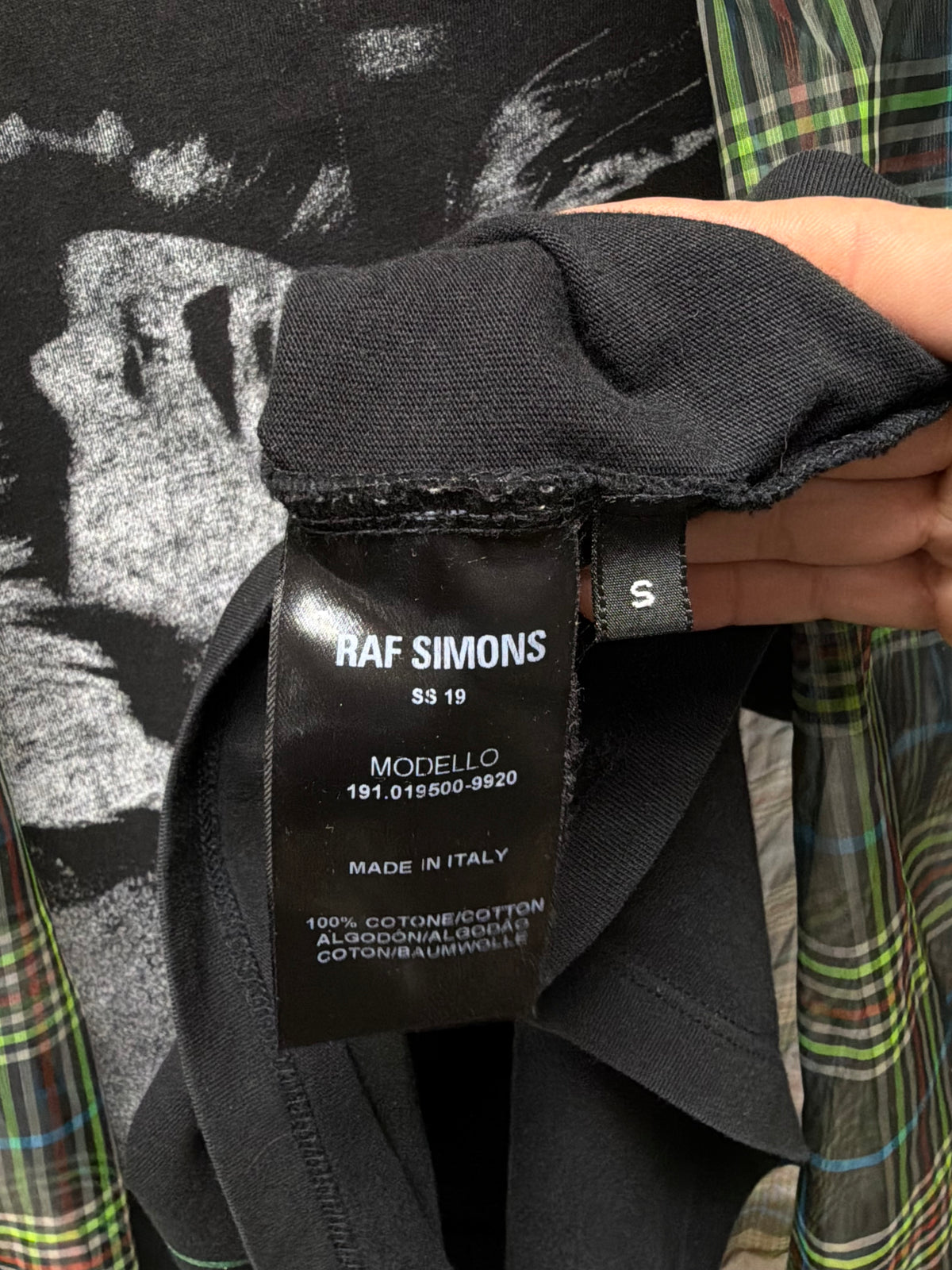 SS2019 Raf Simons Layered ‘2 Piece’ Sheer Plaid Button Up Shirt & Black Graphic Tee
