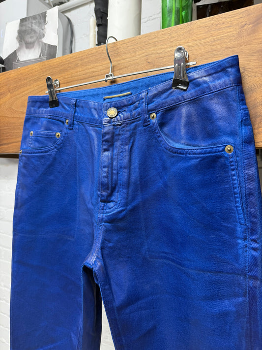 2020 Saint Laurent ‘D05’ Waxed Blue Skinny Jeans