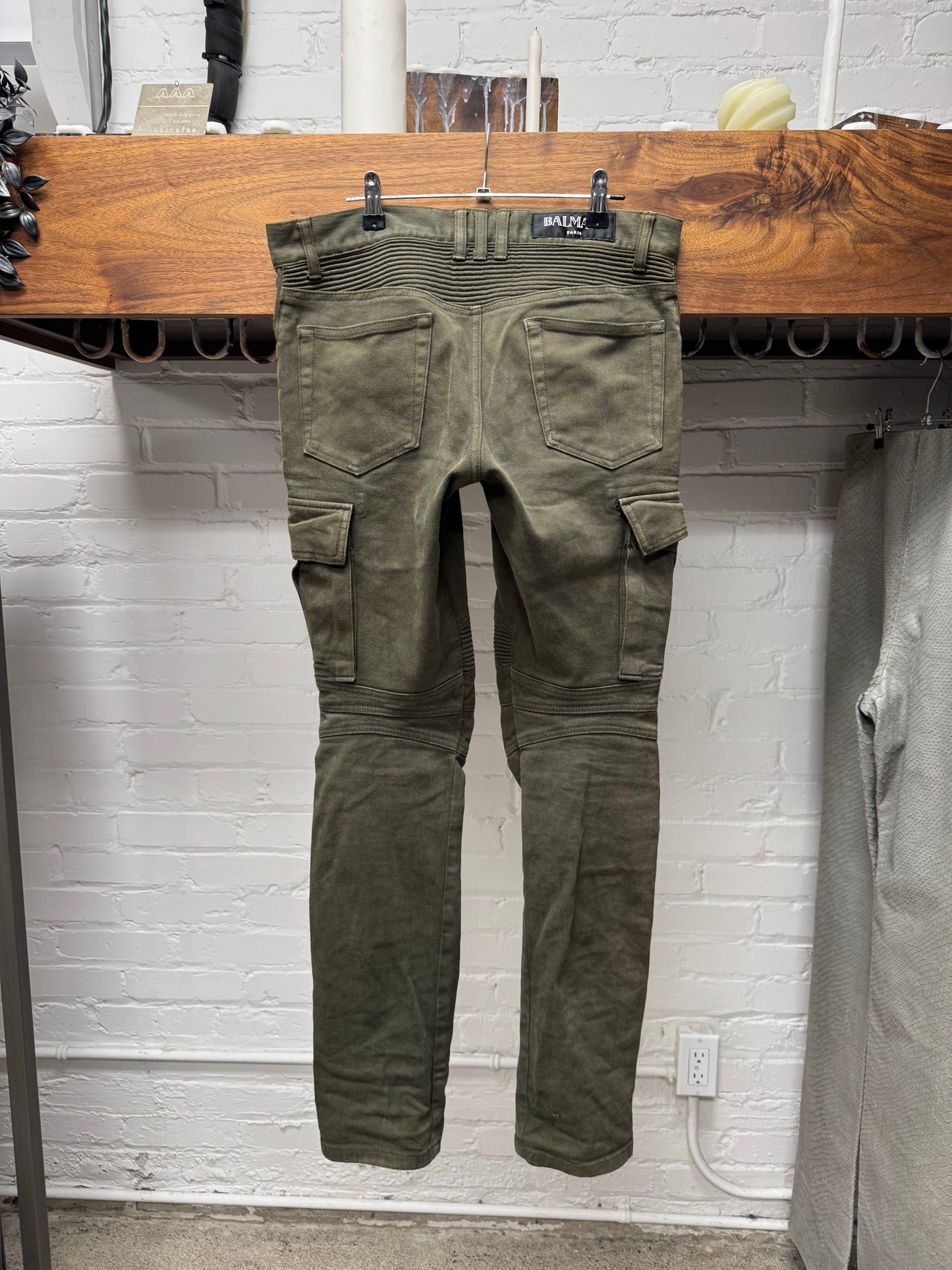 Balmain Military Green Skinny Cut Biker Denim