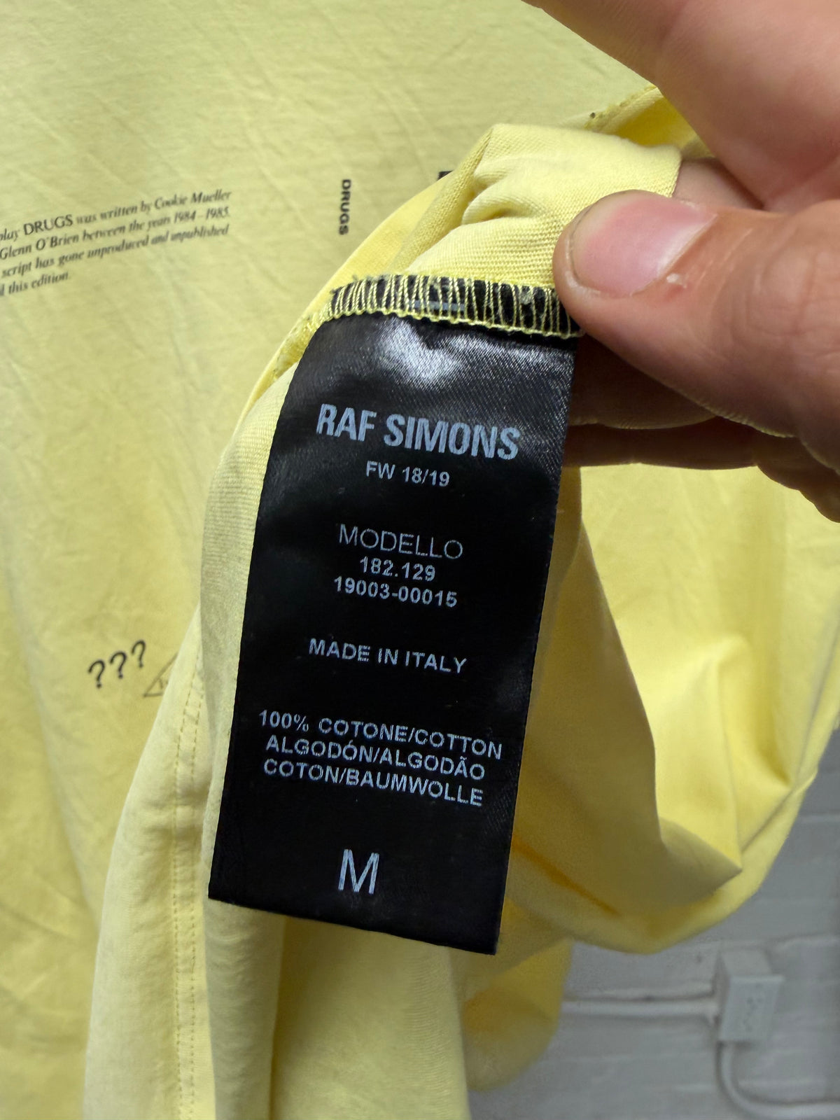 AW2018 Raf Simons ‘Drugs’ Yellow Short Sleeve Graphic T-Shirt
