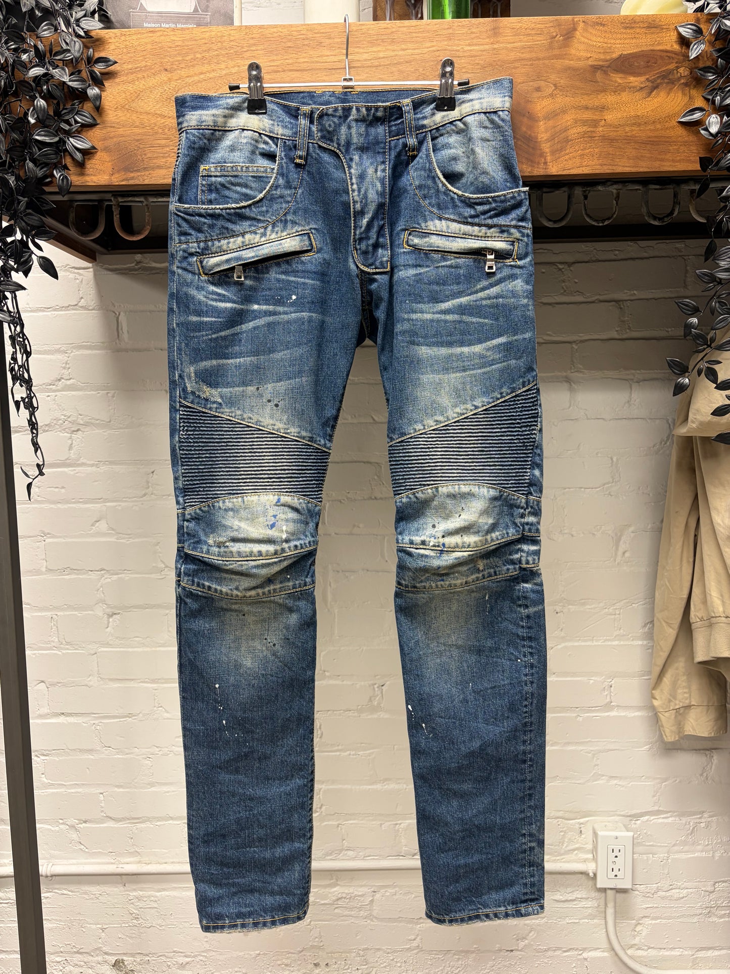Balmain Washed Blue ‘Paint Splatter’ Biker-Moto Knee Skinny Jeans