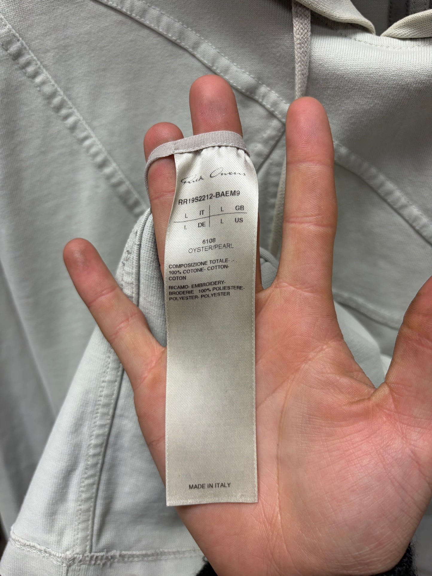SS2019 Rick Owens ‘Babel’ Geometric ‘Oyster’ Drawstring Hoodie
