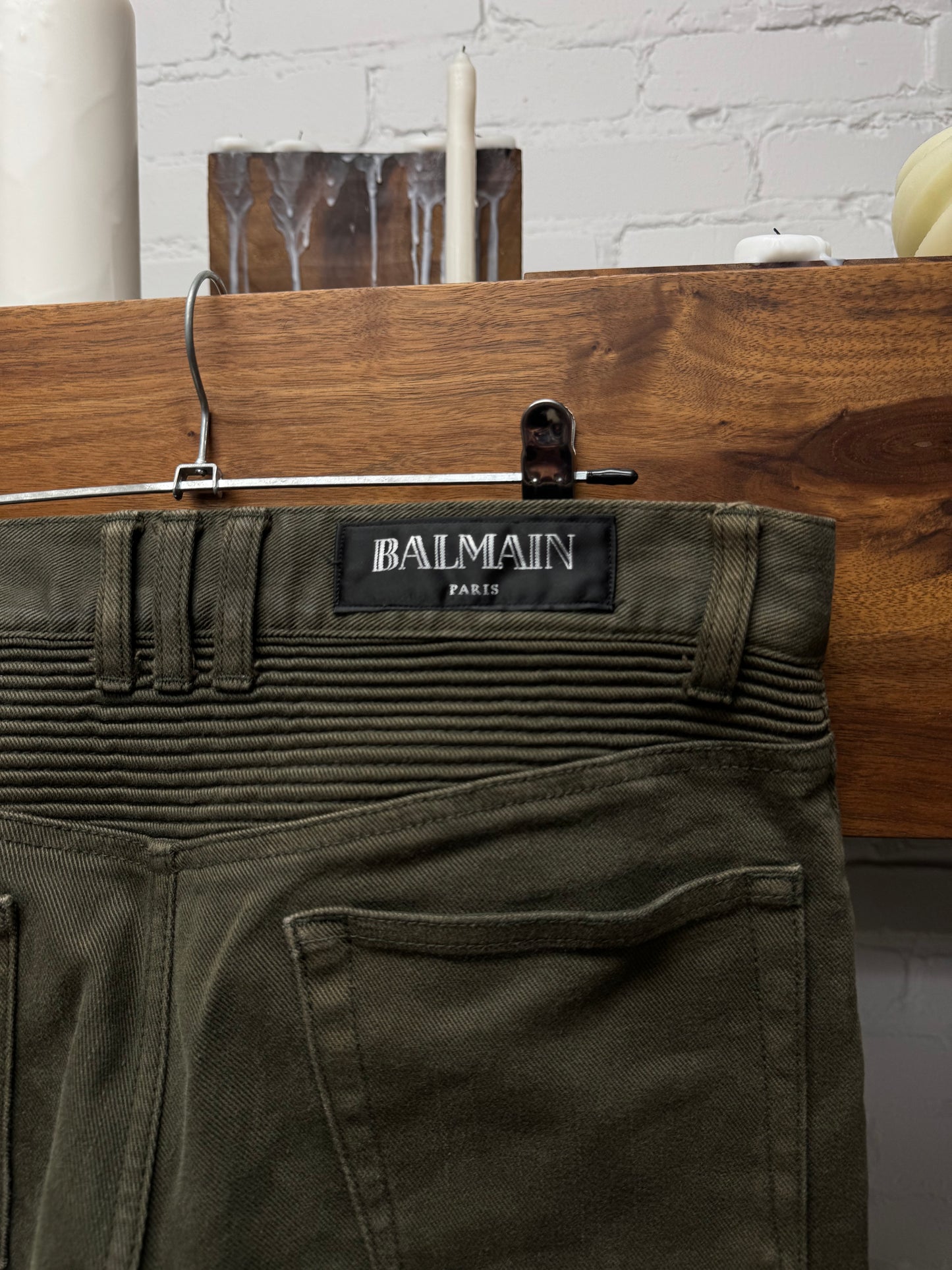 Balmain Military Green Skinny Cut Biker Denim