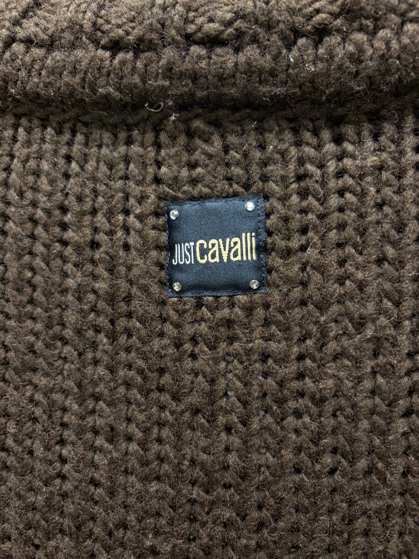 2000s Roberto Cavalli Brown Wool Knit Sweater with White Contrast Stitching