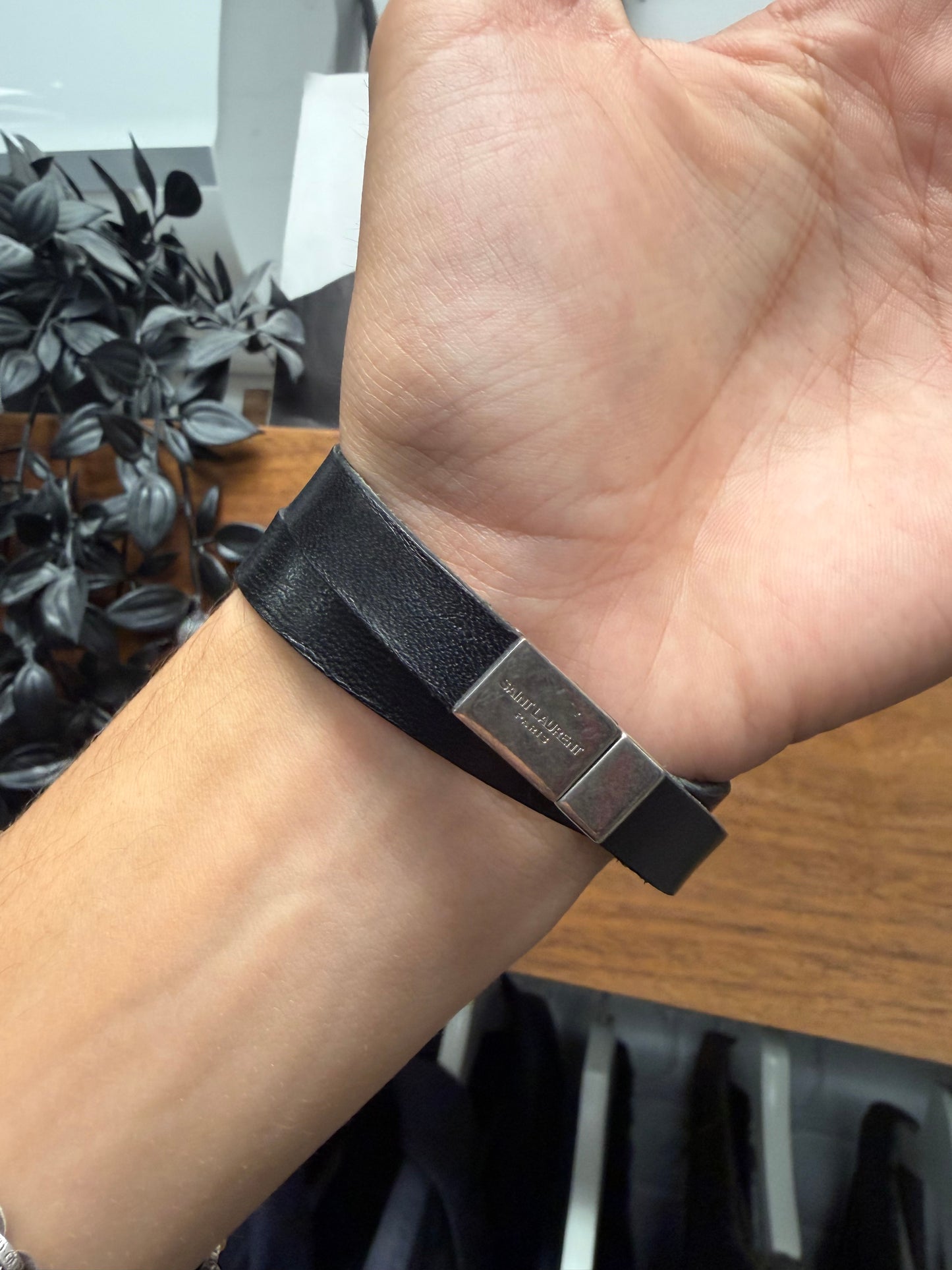 Saint Laurent ‘YSL’ Silver Logo Black Leather Double Wrap Bracelet