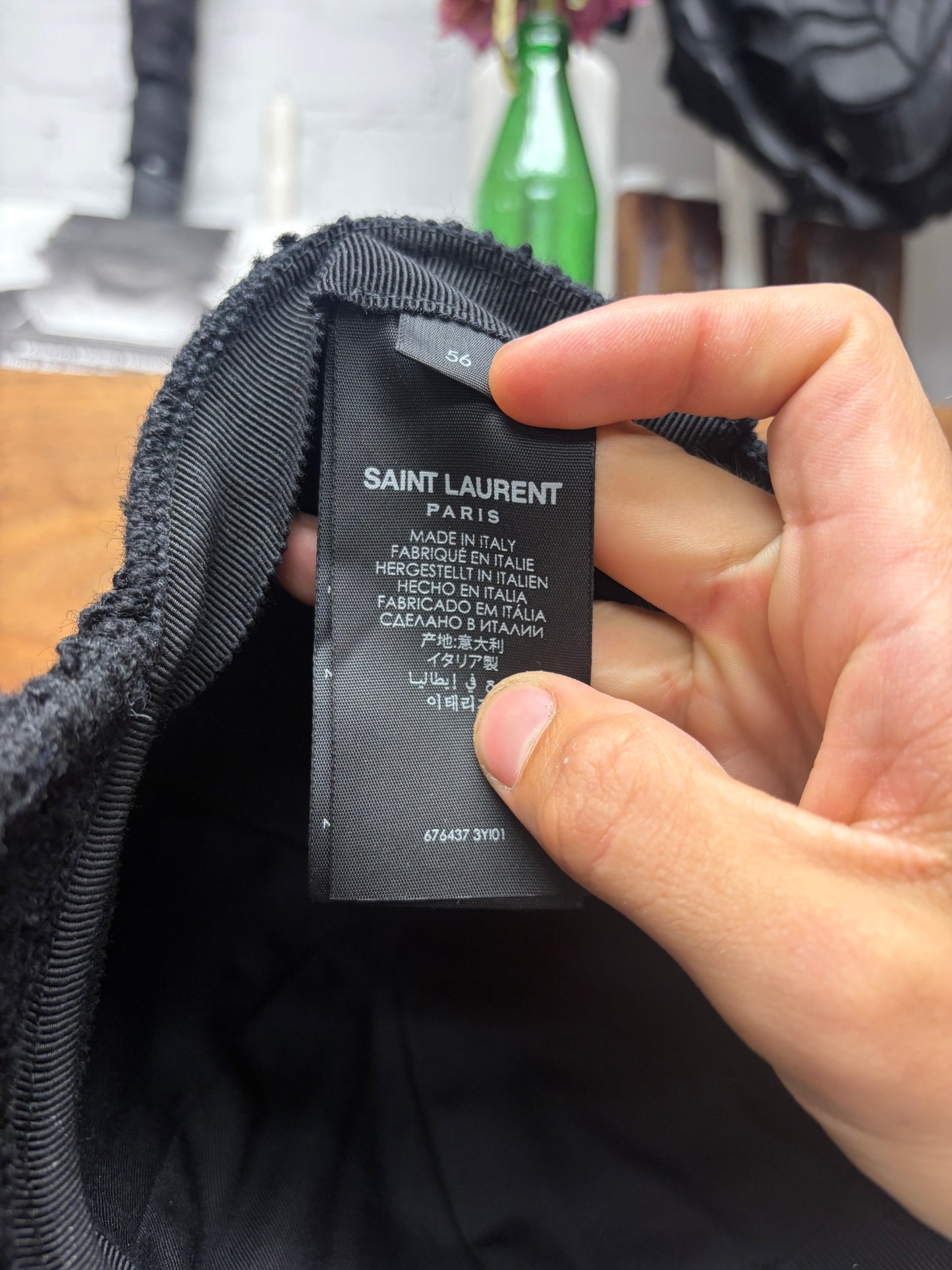 Saint Laurent Black ‘Boucle’ Tweed Wool ‘SL’ Chenille Patch Logo Baseball Cap