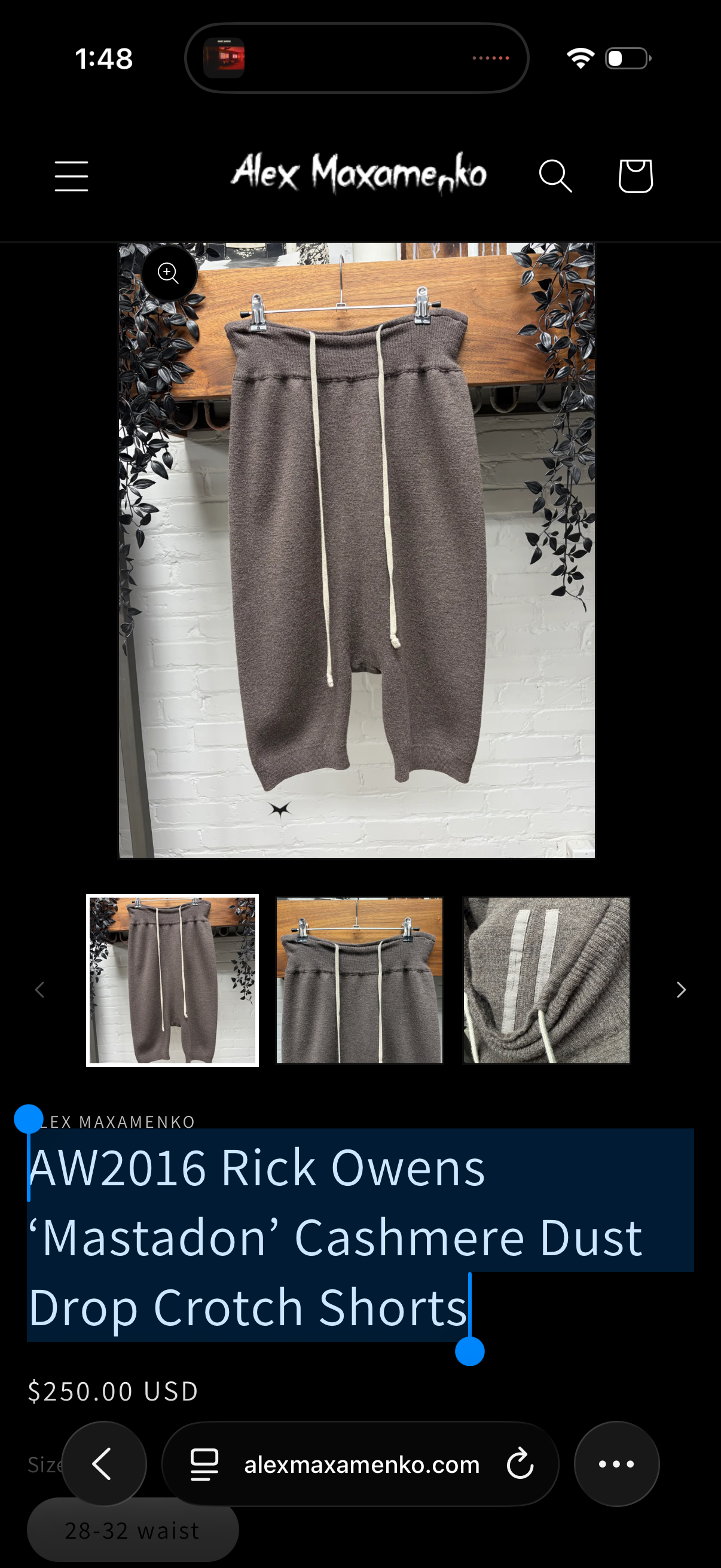 AW2016 Rick Owens ‘Mastadon’ Cashmere Dust Drop Crotch Shorts