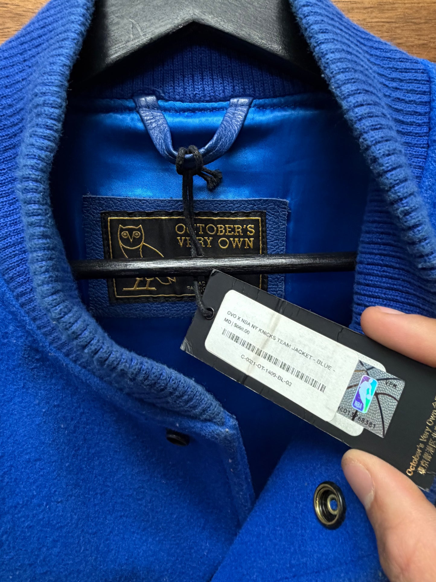 OVO New York Knicks Chenille Patch Blue/Orange Varsity Jacket
