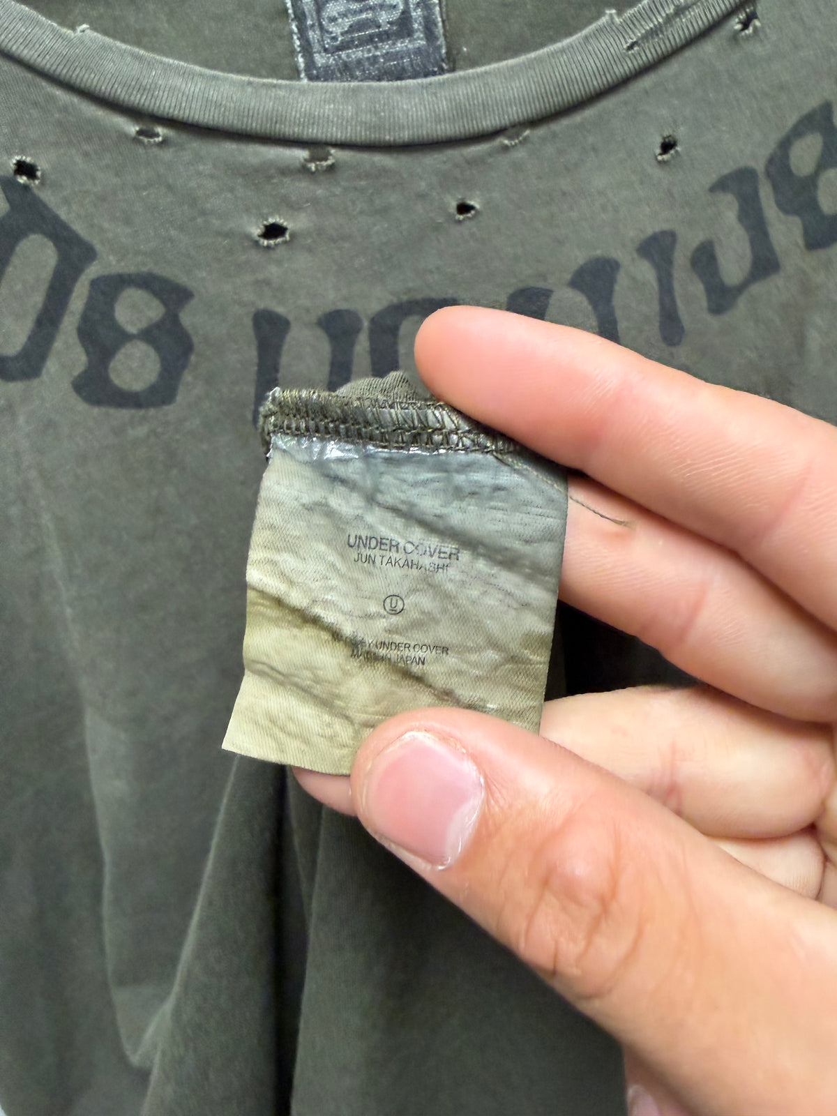 SS2003 Undercover ‘Scab’ Sun-Faded Brown ‘No Gods No Masters’ Distressed Short Sleeve T-Shirt