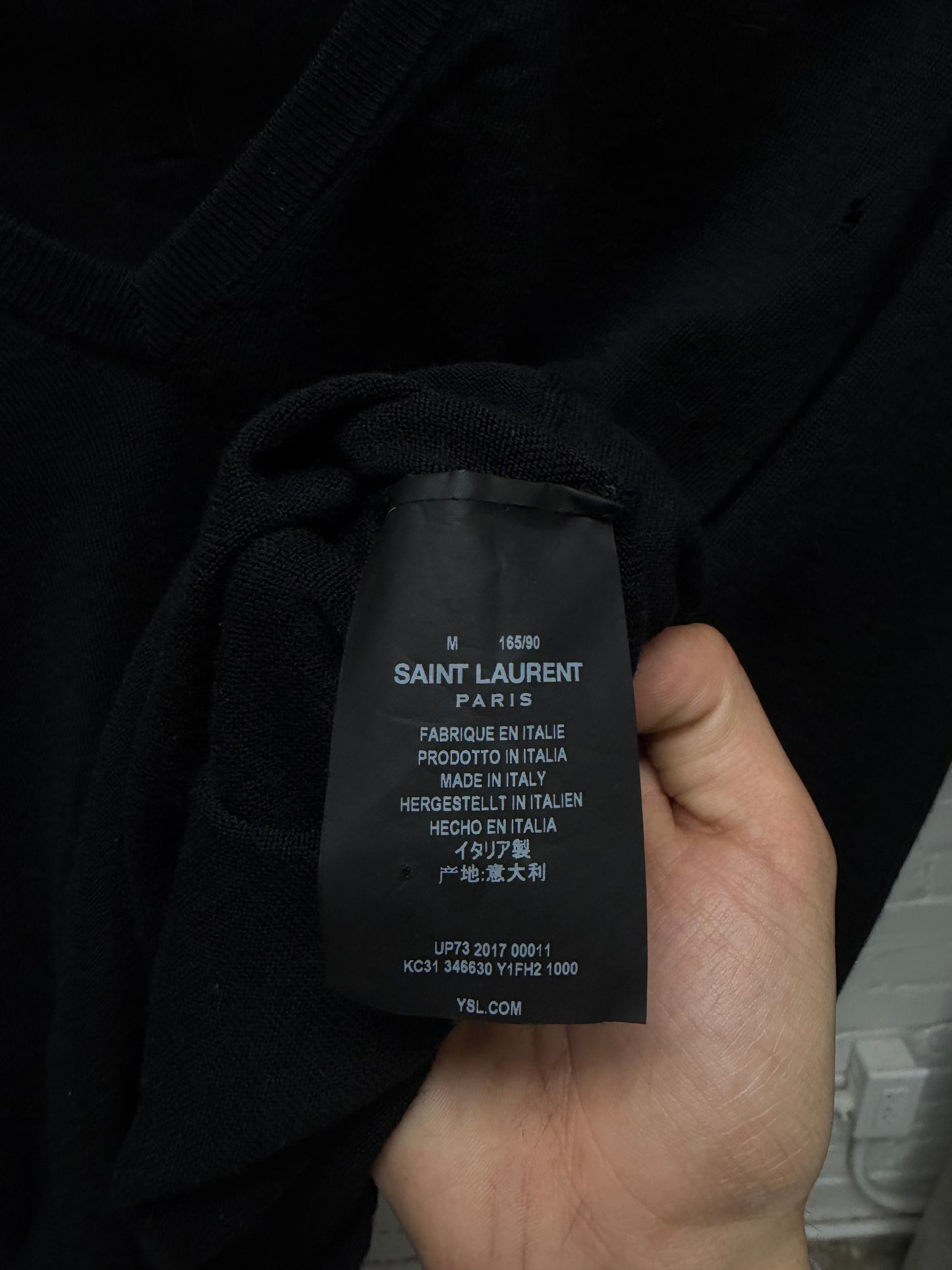 2017 Saint Laurent Black Lightweight Wool Knit Distressed V-Neck Sweater