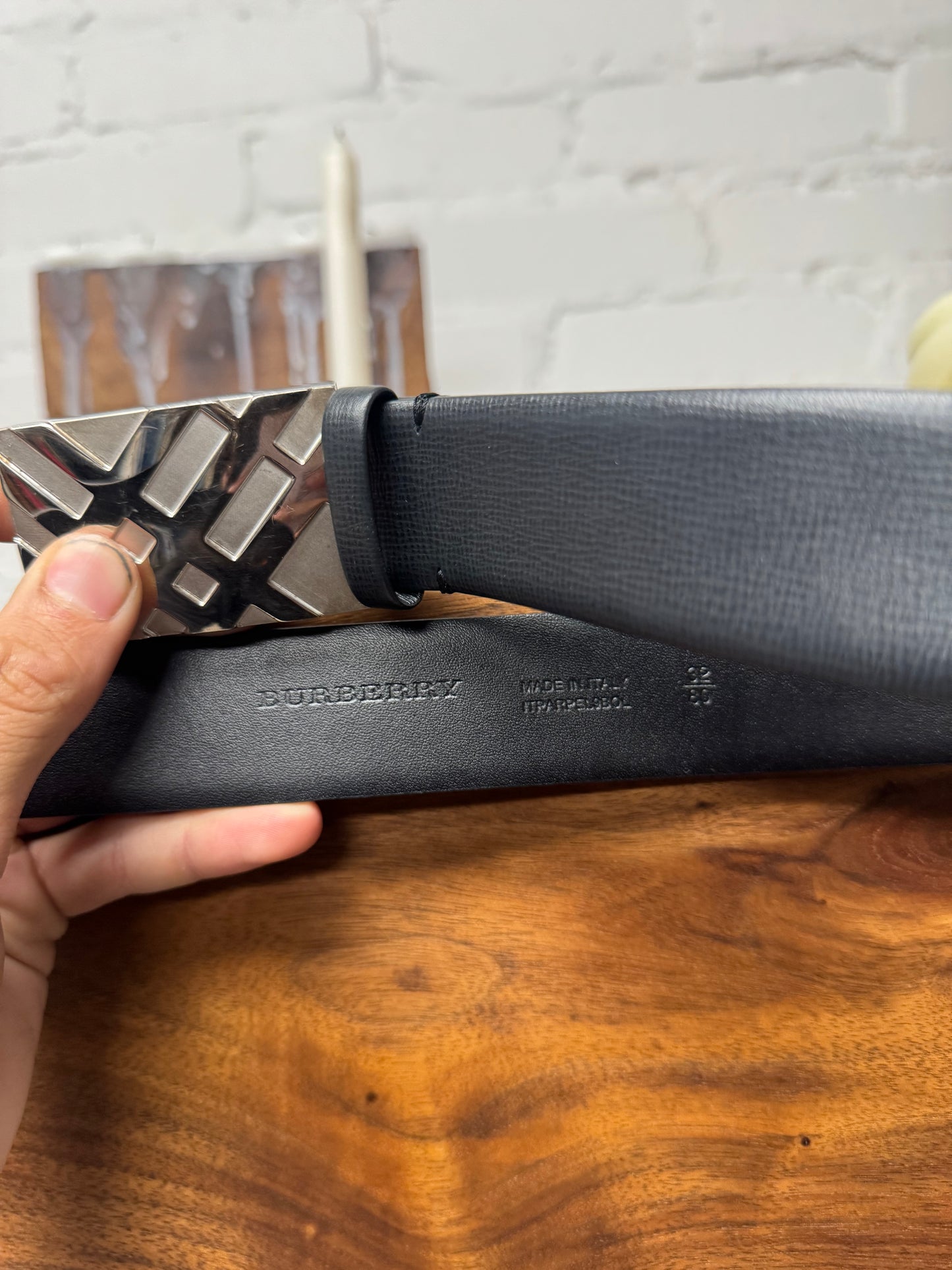Burberry ‘Nova Check’ Logo Buckle Black Leather Belt