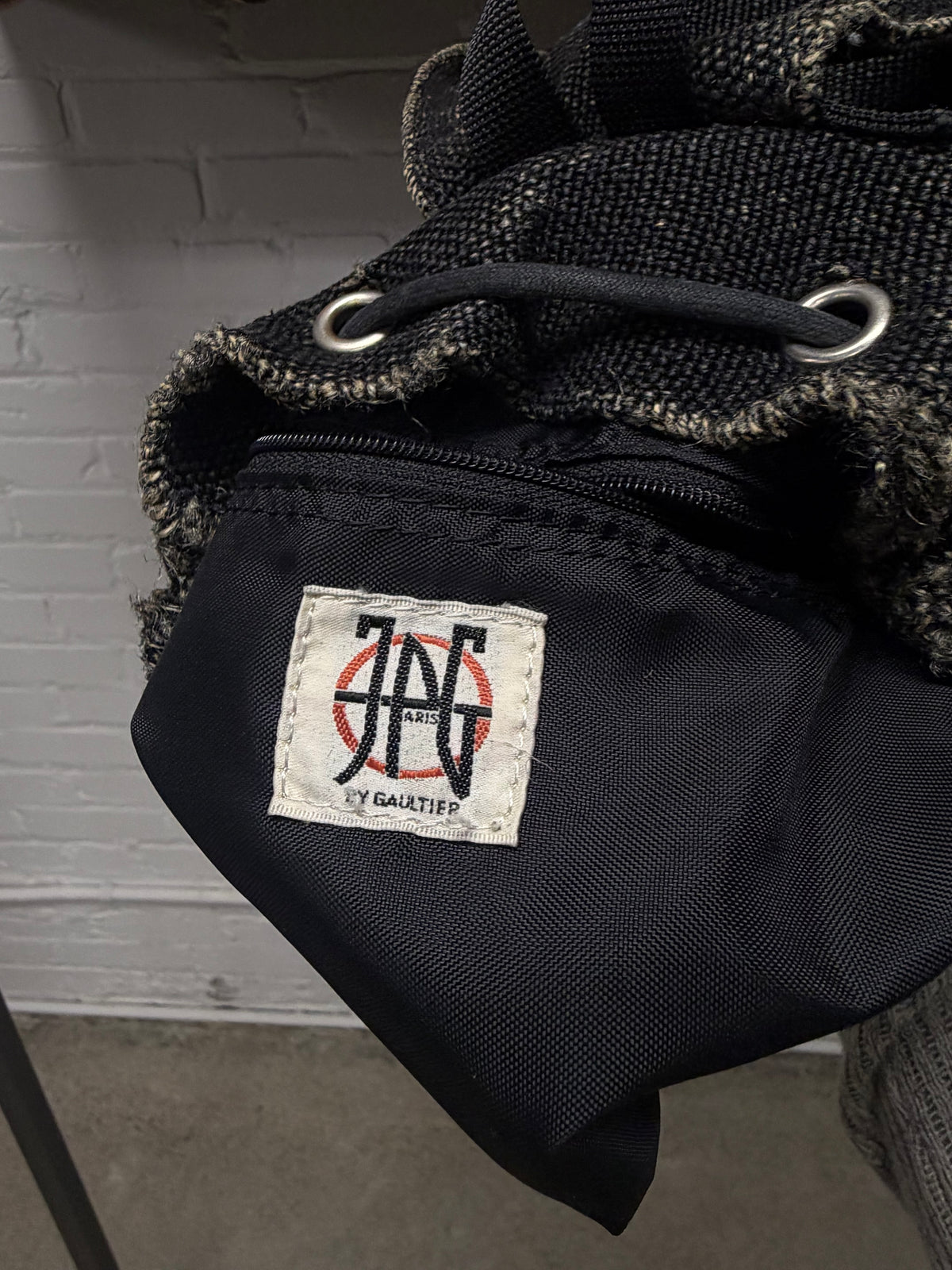Vintage Jean Paul Gaultier ‘Paint Cracked’ J.P.G. Logo Faded Black Denim Backpack