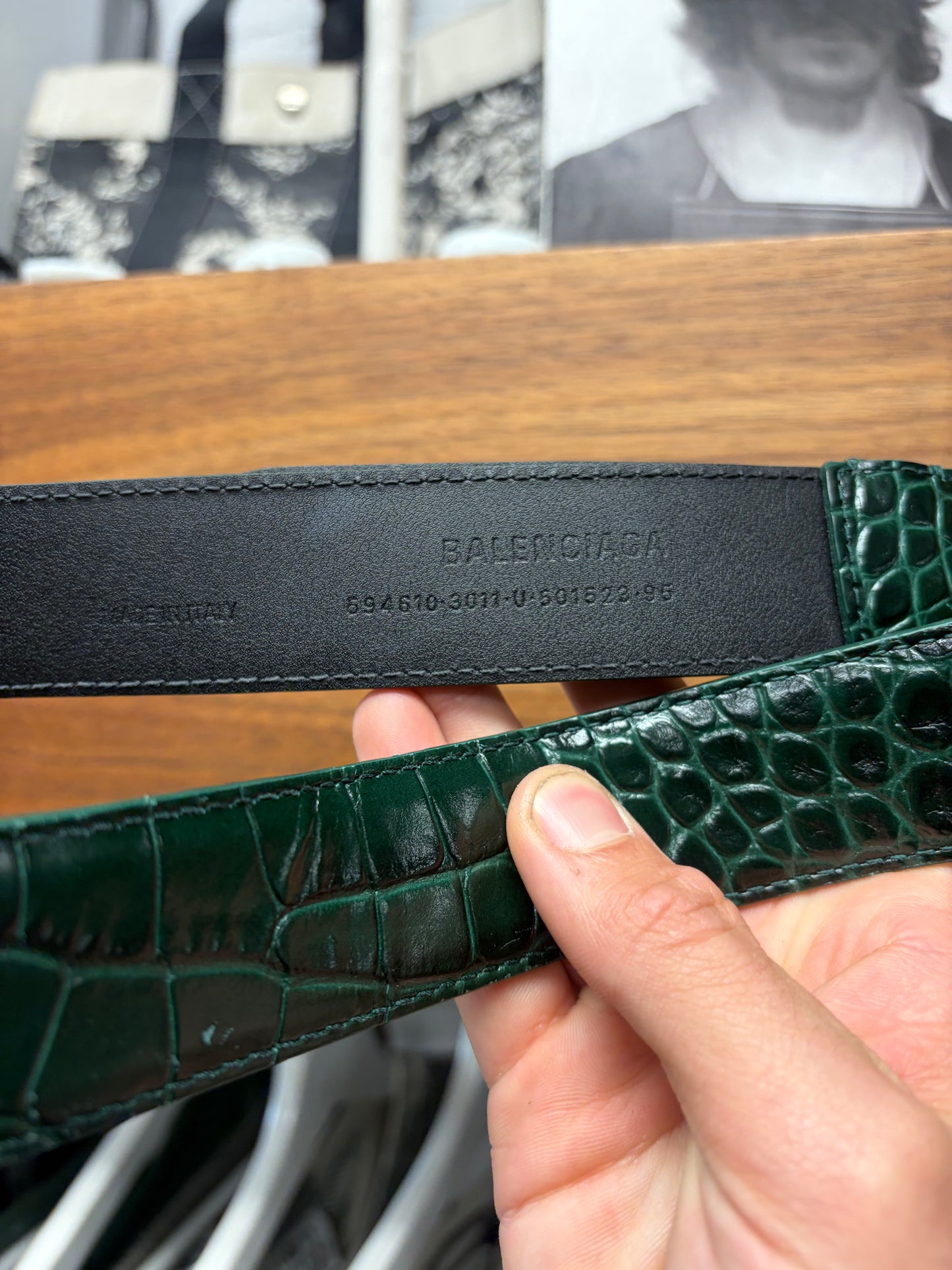 Balenciaga Croc Embossed Dark Green/Gold ‘BB Logo’ Leather Belt