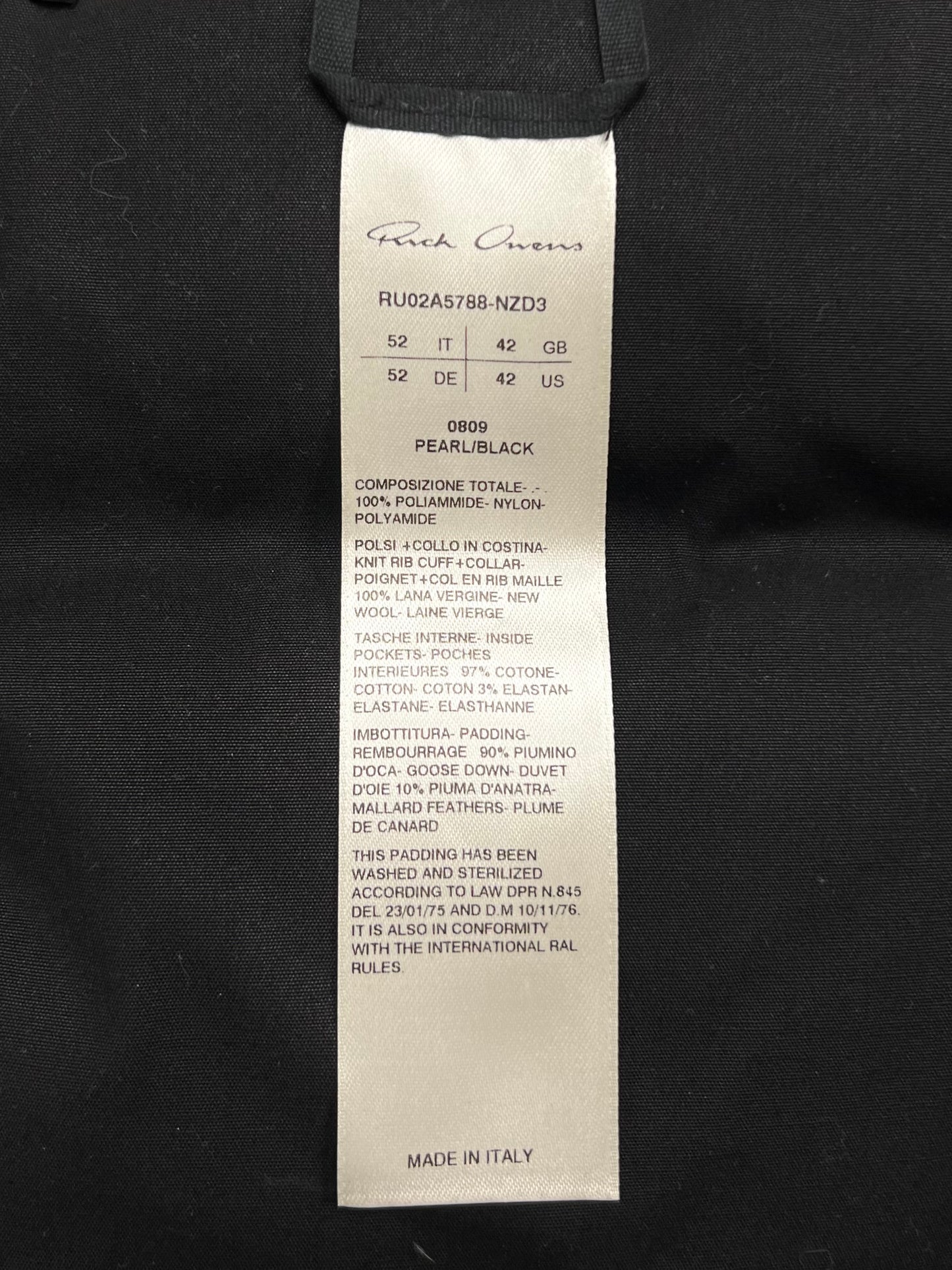 AW2021 Rick Owens ‘Gethsemane’ Goose Down Filled Milk/Black Puffer Jacket
