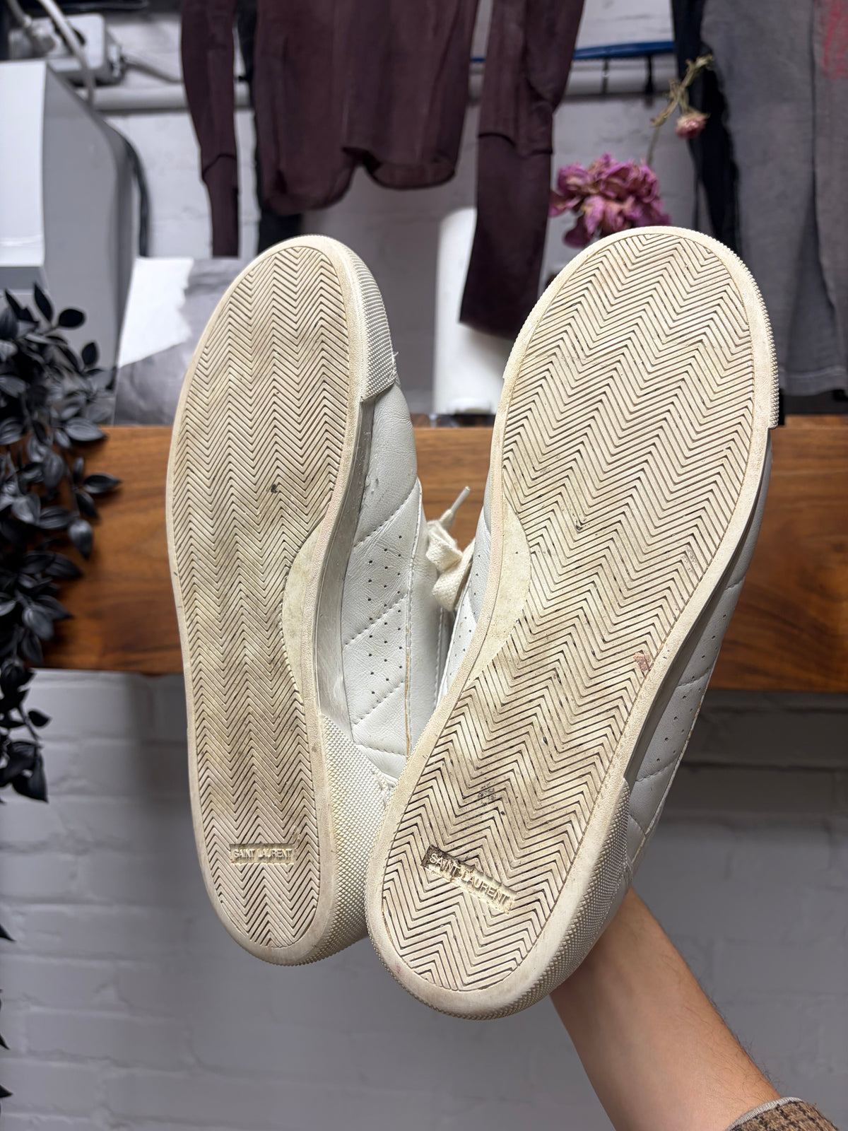 Saint Laurent ‘Lenny’ Optic White Leather Mid-Top Sneakers