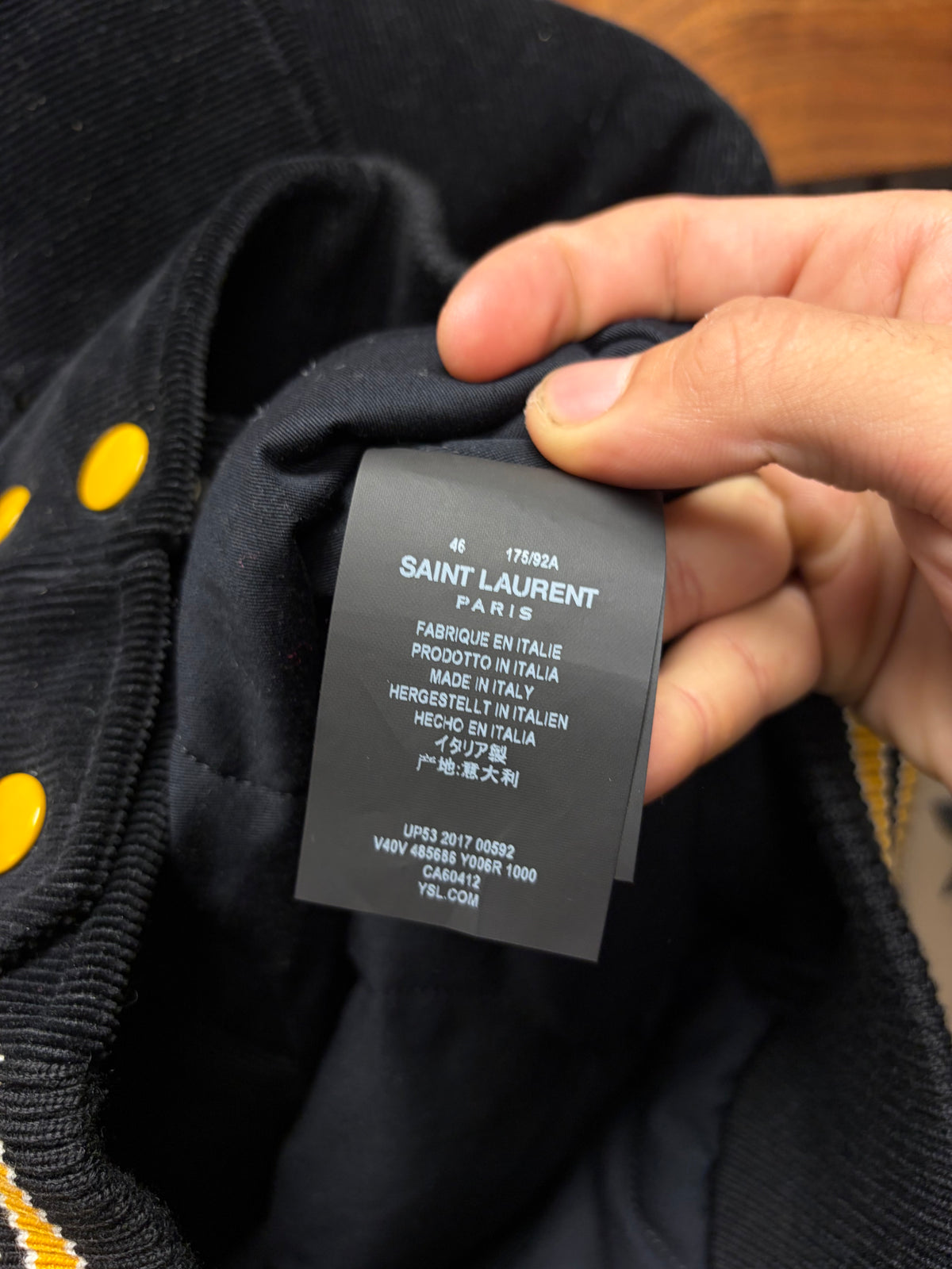 2017 Saint Laurent ‘Je T’aime’ Black/Yellow Corduroy ‘Teddy’ Varsity Jacket