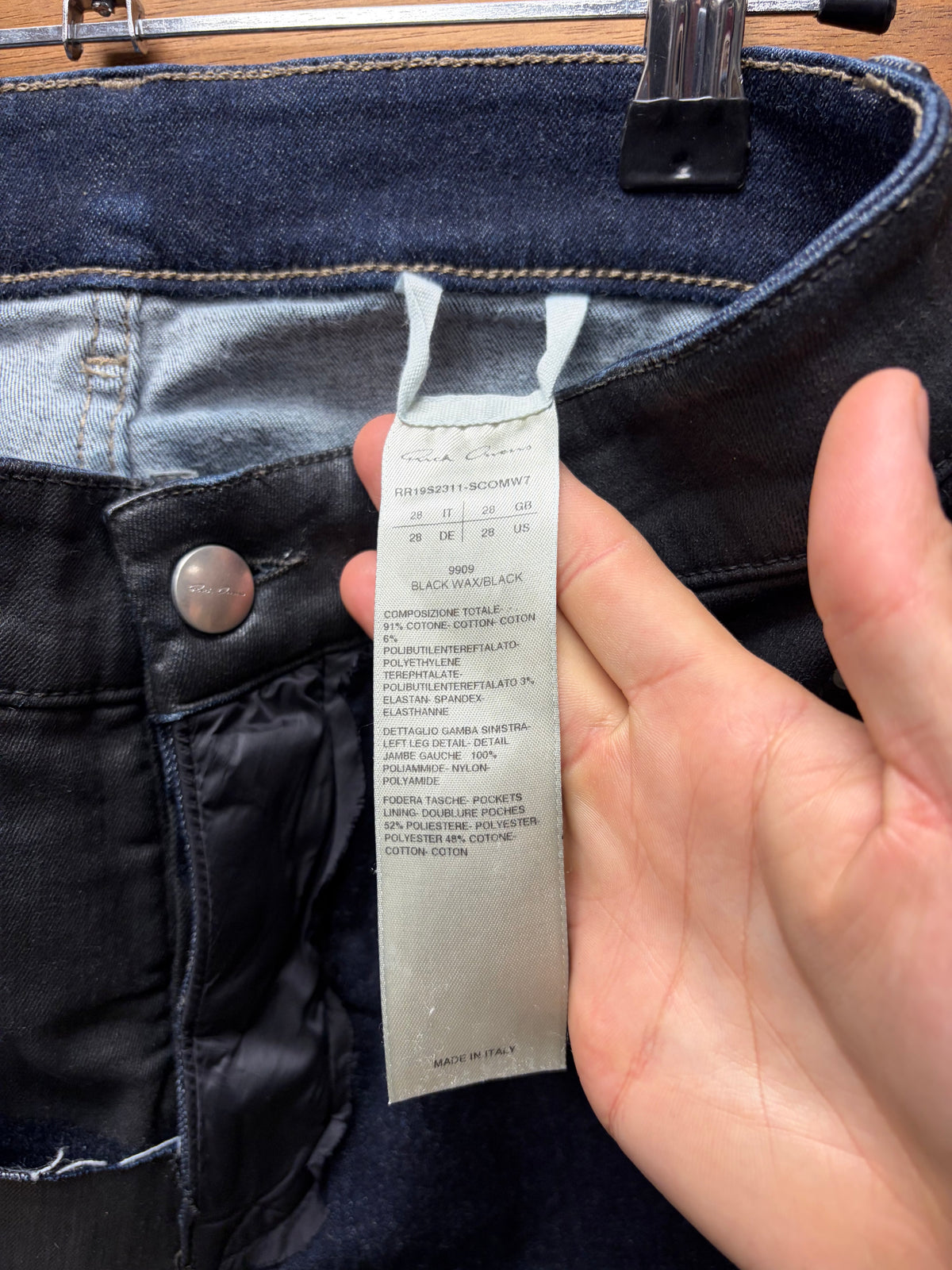 SS2019 Rick Owens ‘Babel’ Patched Waxed Black/Blue ‘Tyrone’ Skinny Jeans
