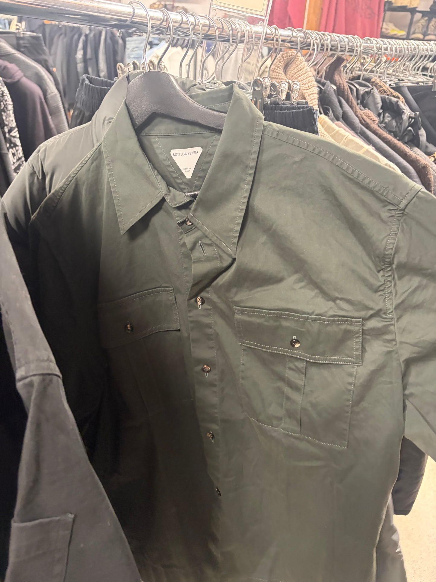 Bottega Veneta Military Green Oversized Collared Short Sleeve Work Shirt