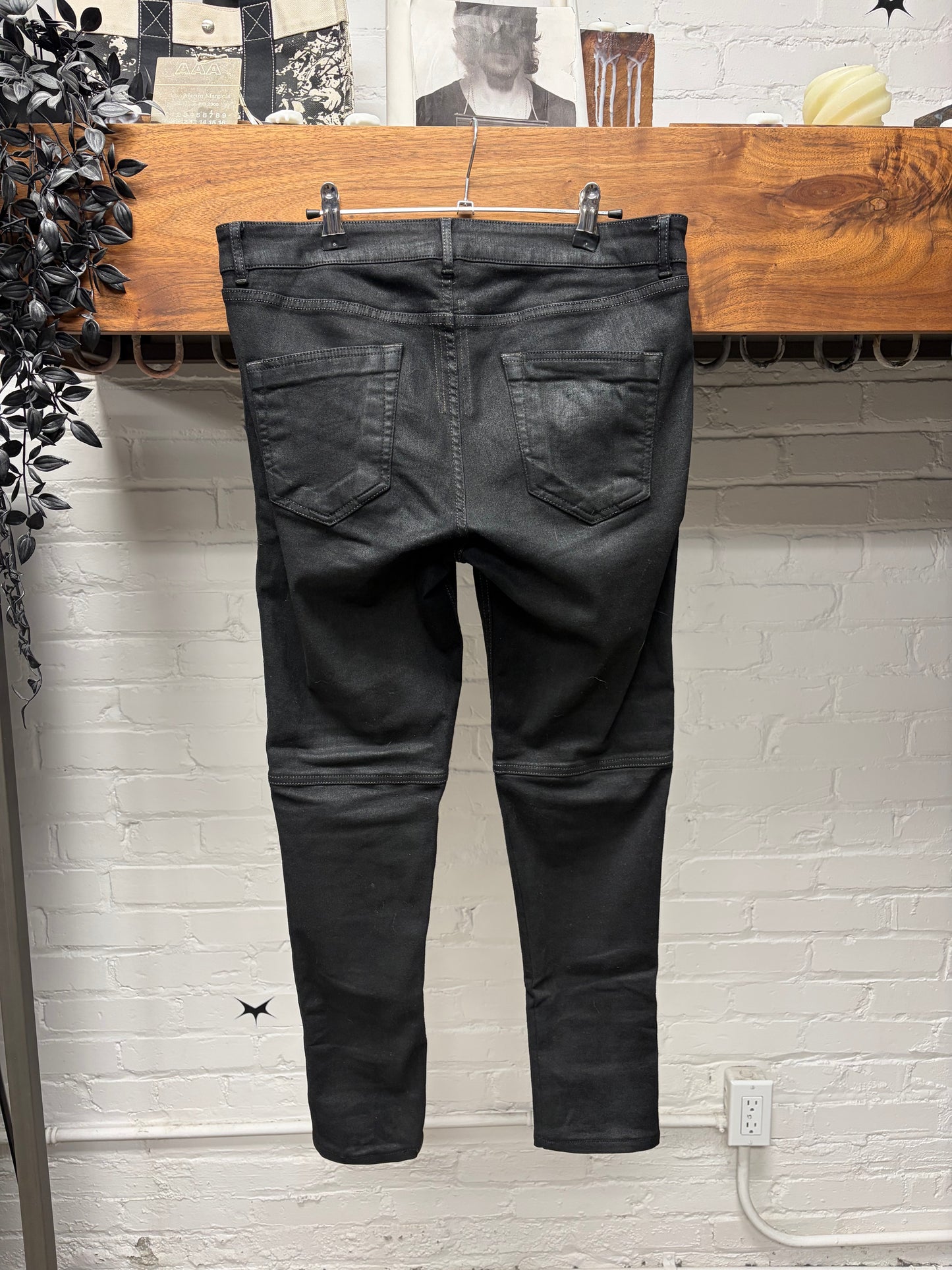 Rick Owens ‘Nagakin’ Waxed Black Biker Detail Skinny Jeans
