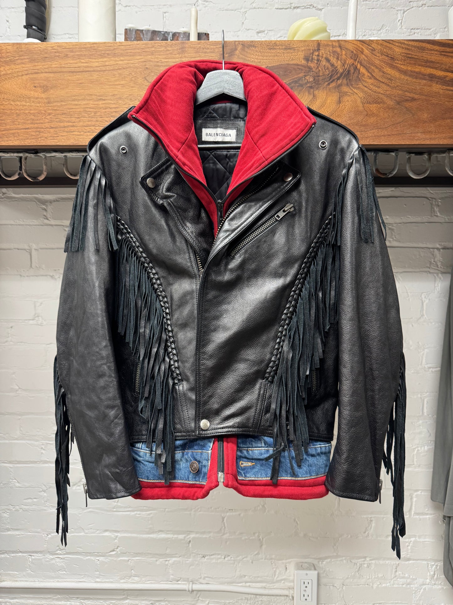 AW2018 Balenciaga ‘Triple Layer’ Denim/Sweatshirt/Leather Fringe Jacket