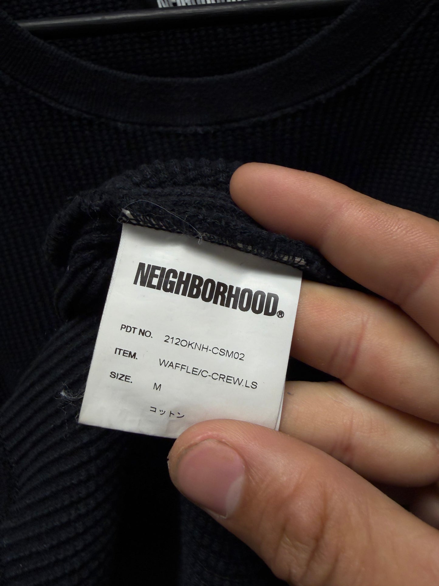 Neighborhood Embroidered Black/White Thermal Cotton Long Sleeve Shirt