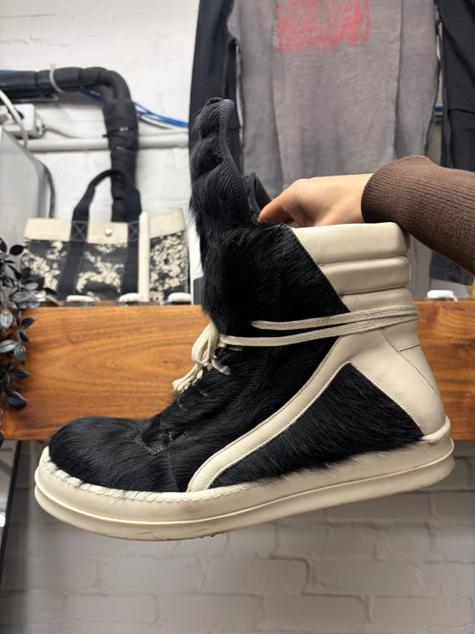 Rick Owens Pony-Hair Black/Milk ‘Geobasket’ High Top Sneakers