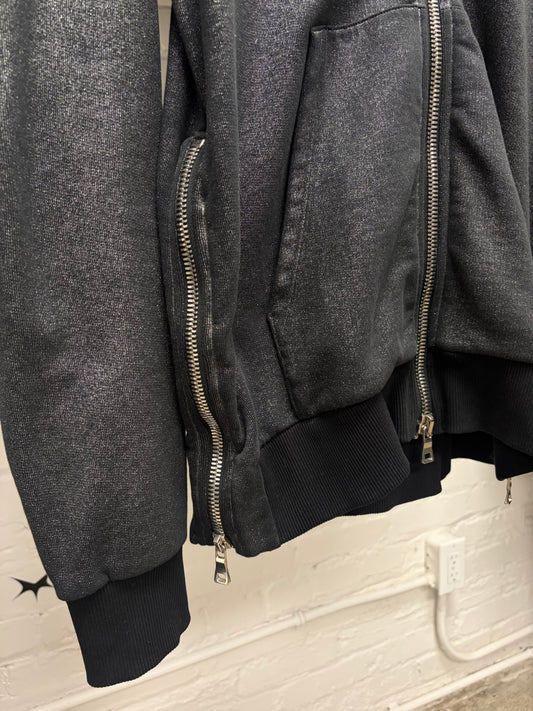 2010s Balmain Glitter Effect Grey Side-Zip Logo Hoodie