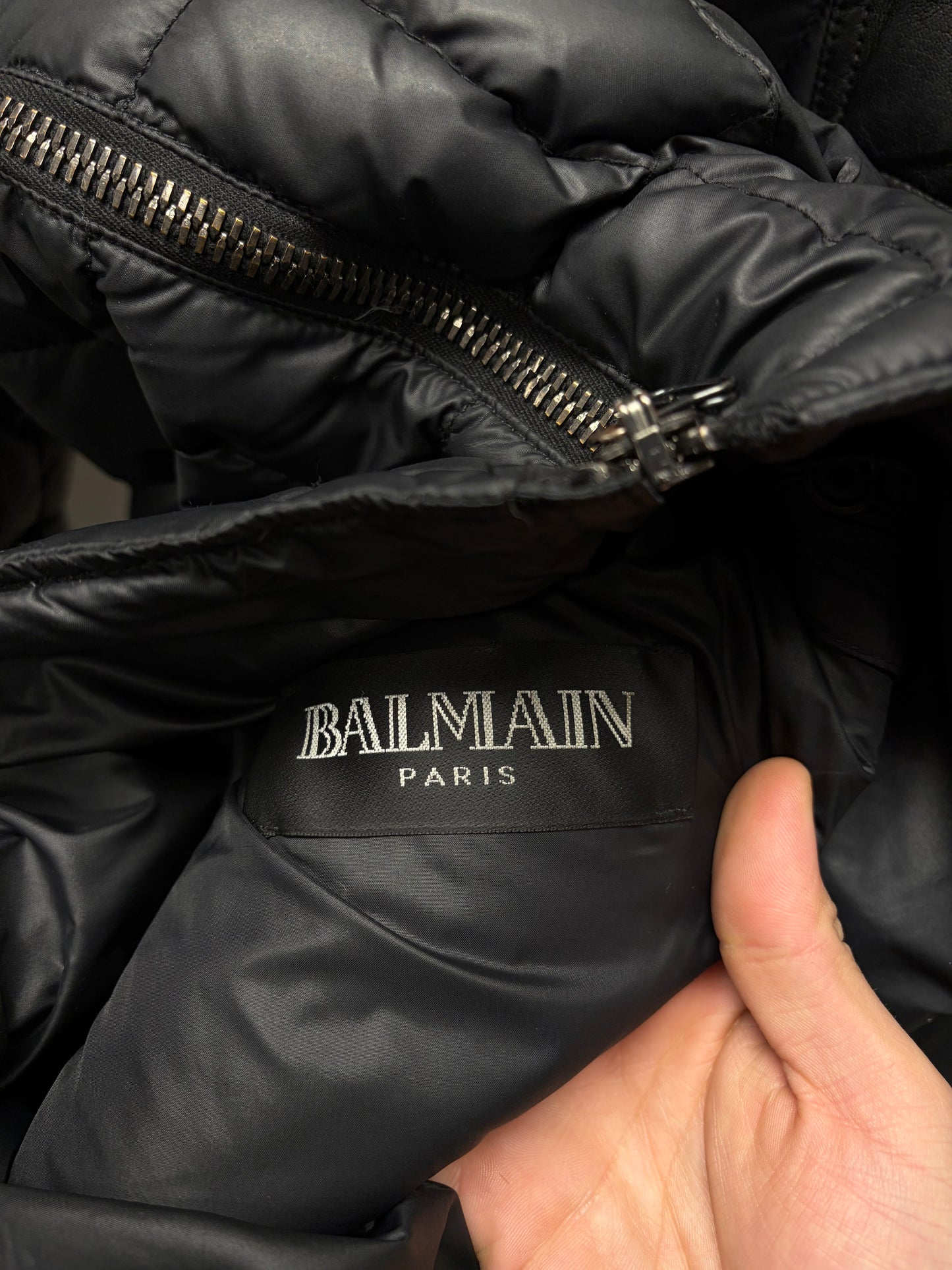 Balmain Quilted Black Puffer Jacket with Leather Shoulder Panelling