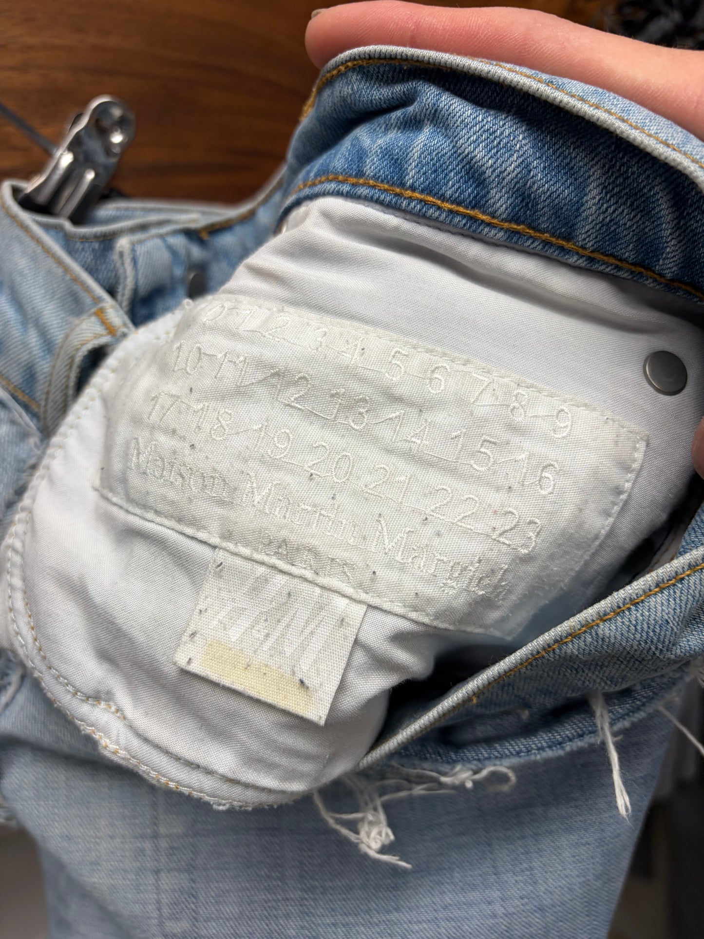 2012 Maison Margiela x H&M ‘Inside Out’ Raw Outseam Light Wash Blue Skinny Jeans