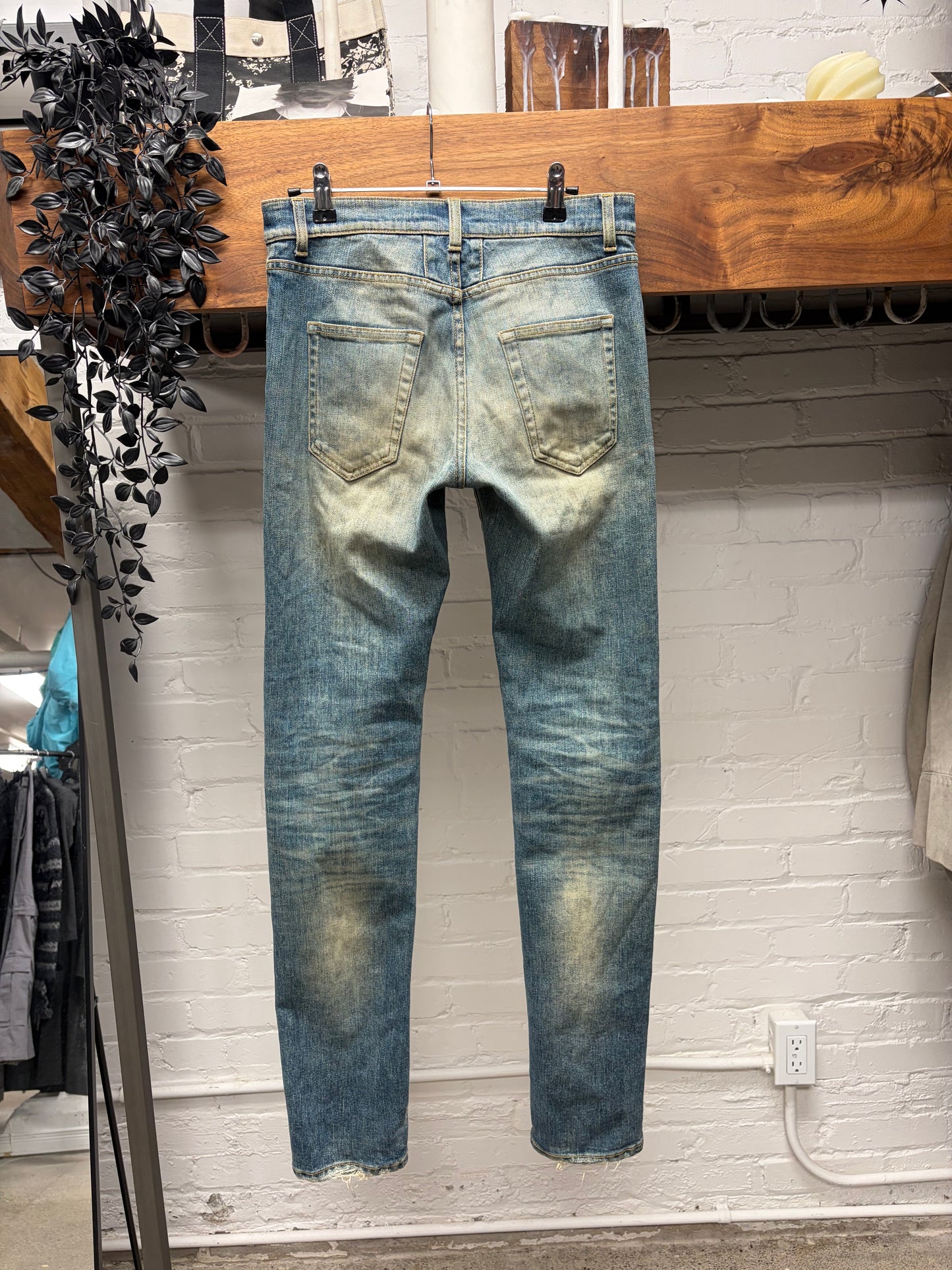 Saint Laurent by Hedi Slimane Studded Leather ‘D02’ Biker Knee Dirt Wash Denim