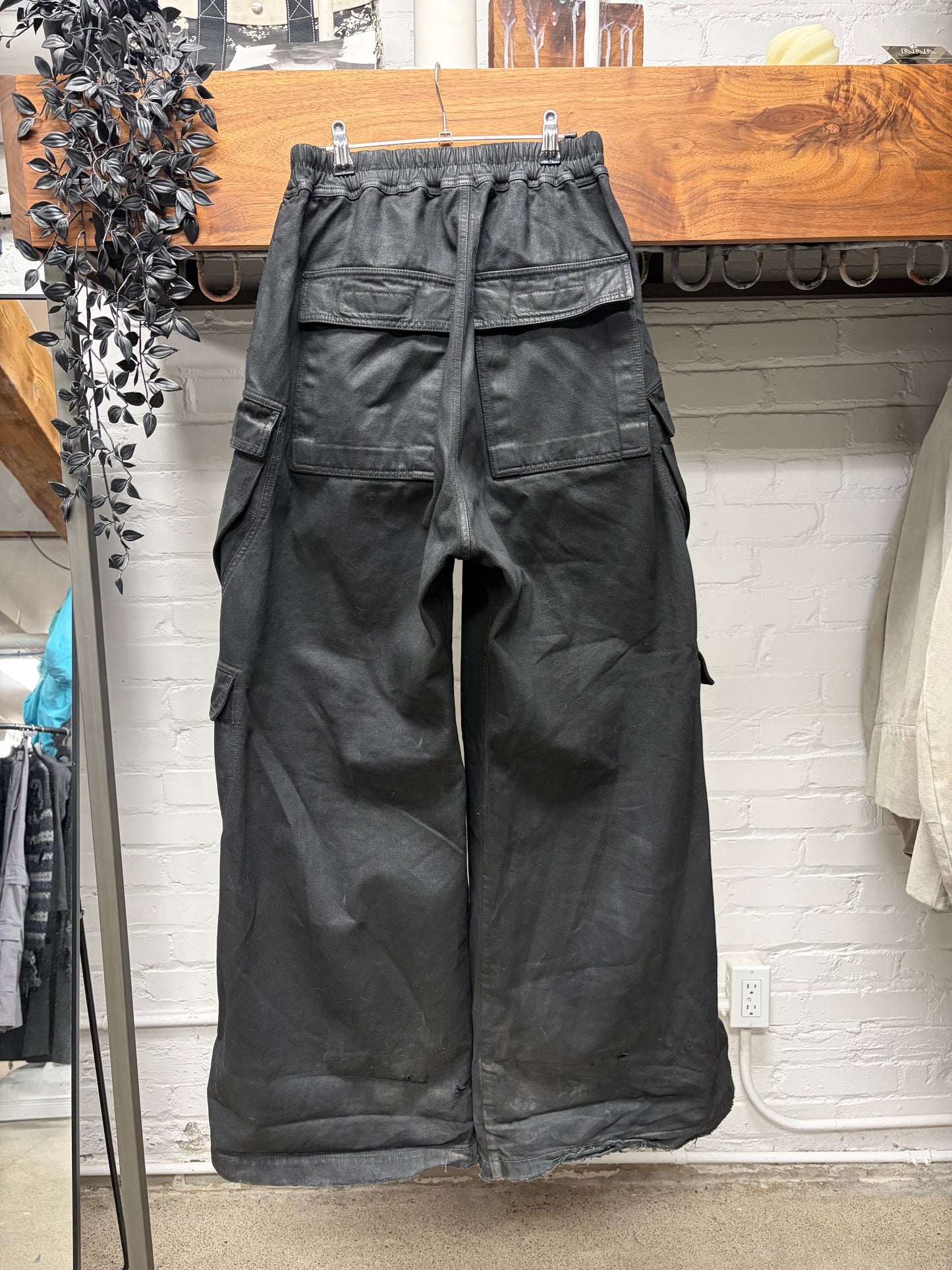 Rick Owens Waxed Black ‘CargoBela’ Wide Leg Pants
