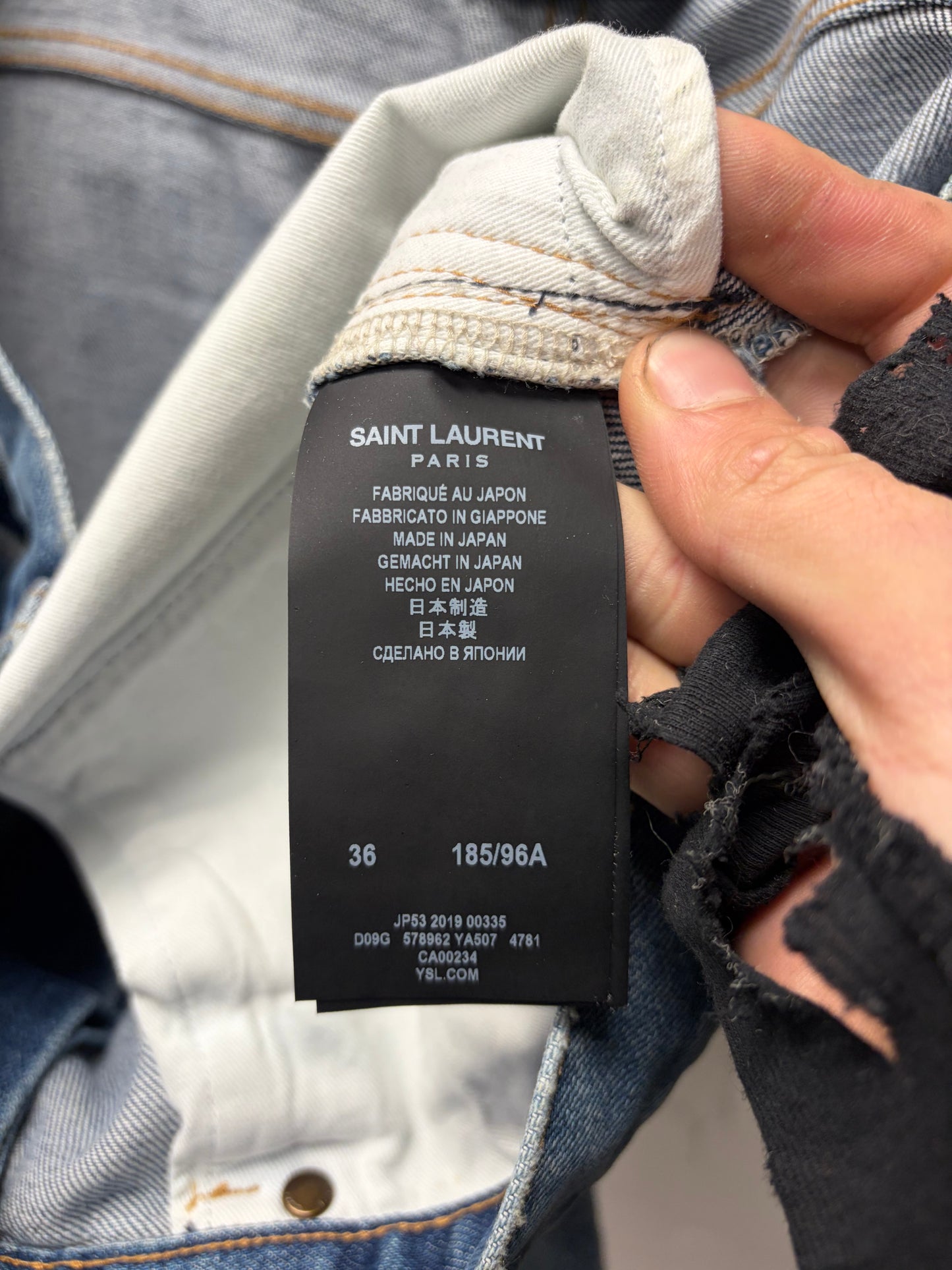 2019 Saint Laurent ‘D02’ Distressed Knee Blue Skinny Jeans