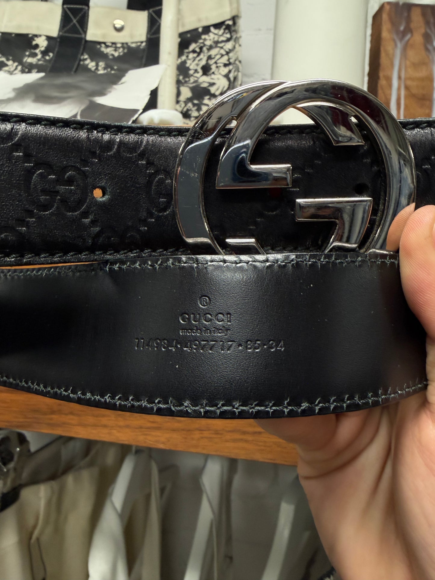 Gucci ‘Guccisima’ Black Monogram Silver Buckle Leather Belt