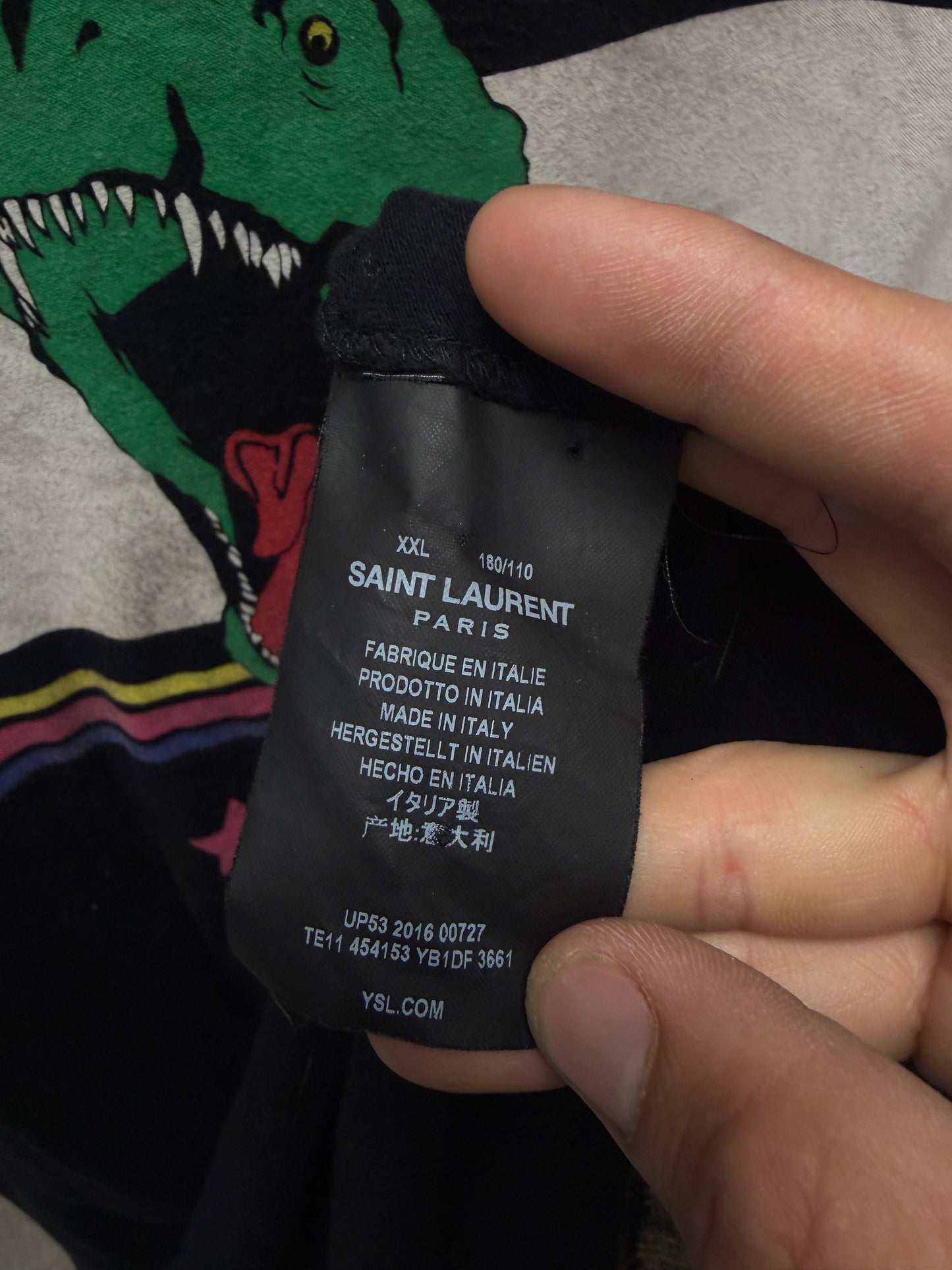 SS2016 Saint Laurent ‘Surf Sound’ T-Rex Striped Black Graphic T-Shirt