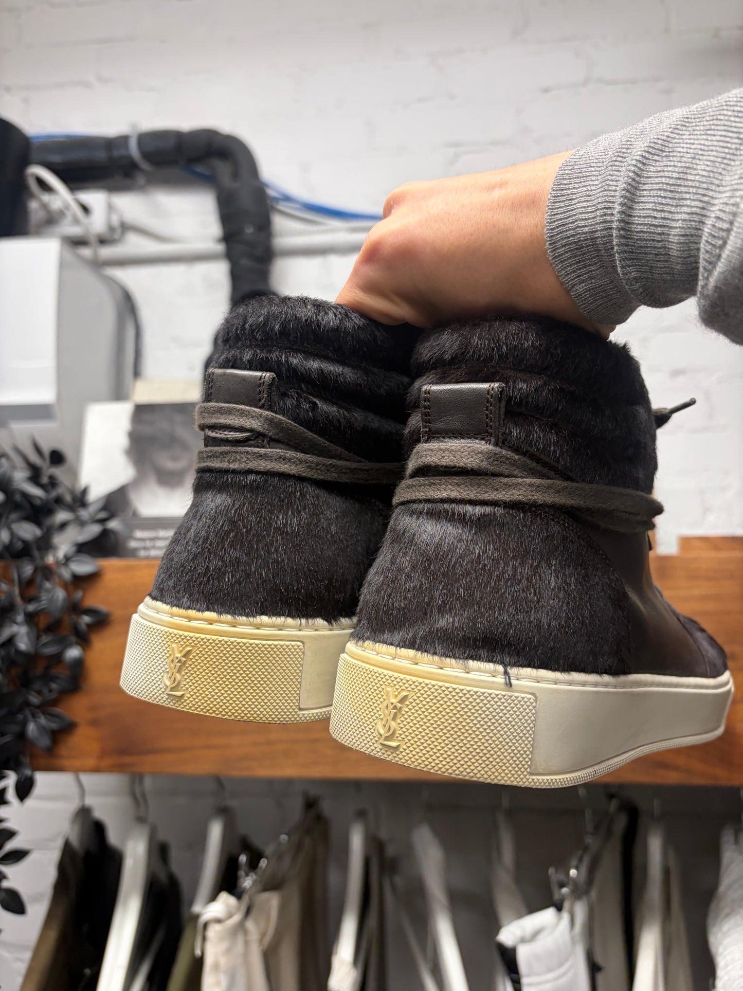 2000s Saint Laurent Pony Hair/Brown Leather YSL Court High Top Sneakers