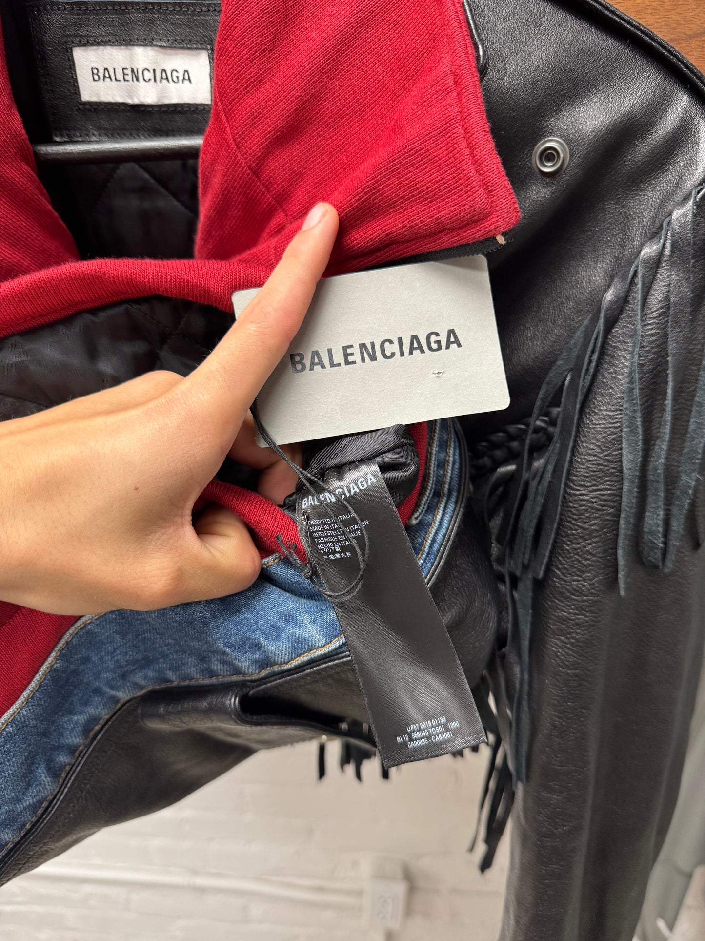 AW2018 Balenciaga ‘Triple Layer’ Denim/Sweatshirt/Leather Fringe Jacket
