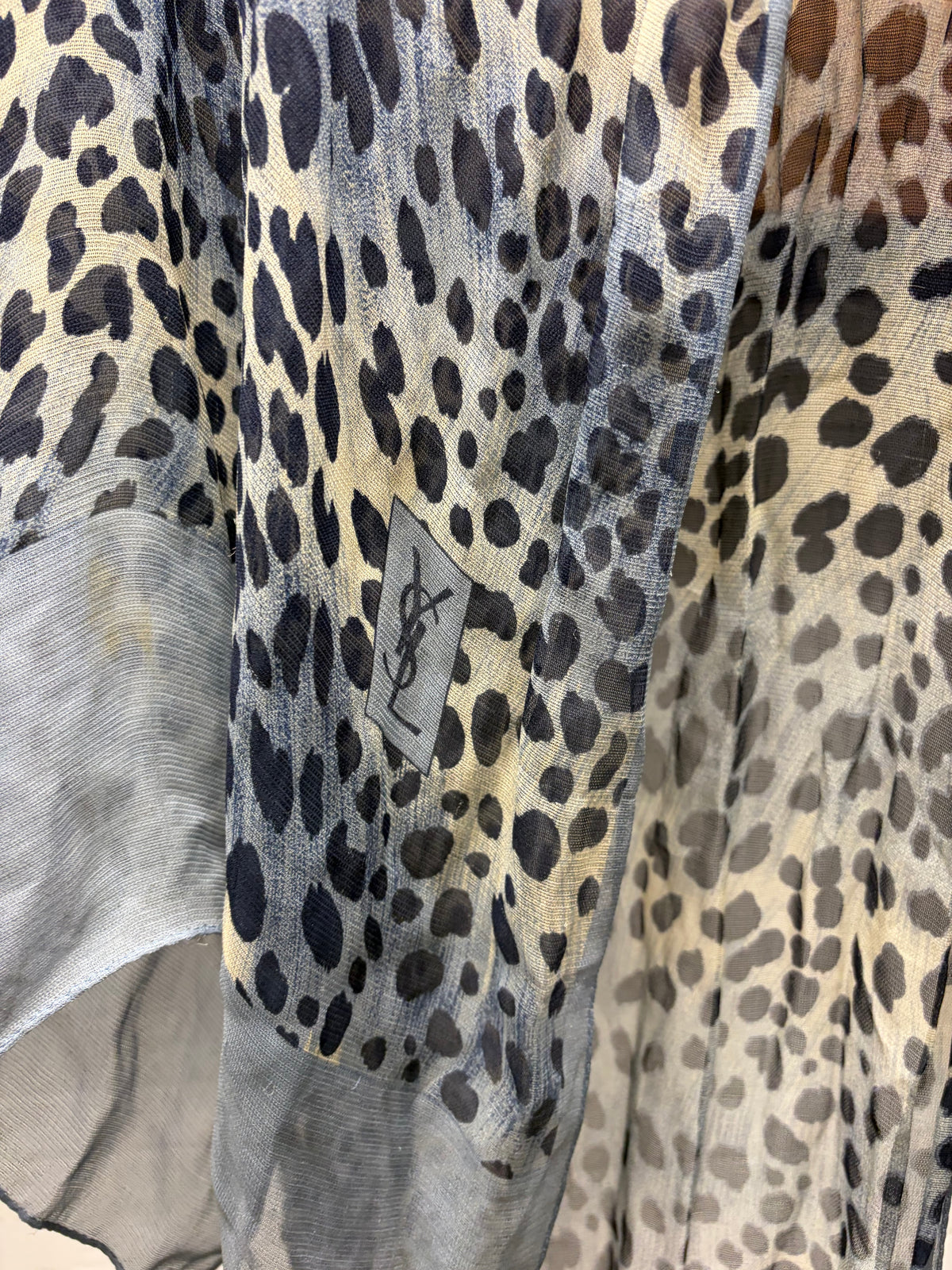 Vintage 90s Yves Saint Laurent ‘Babycat’ Blue Leopard Print Silk Scarf
