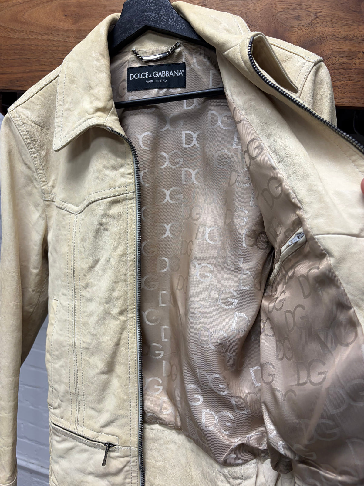 2000s Dolce and Gabbana Cream Lambskin Leather Jacket with Silk Monogram Liner Interior