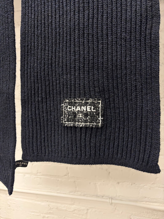 Chanel Ribbed Black Thick Cashmere Scarf with Tweed Patch Logo