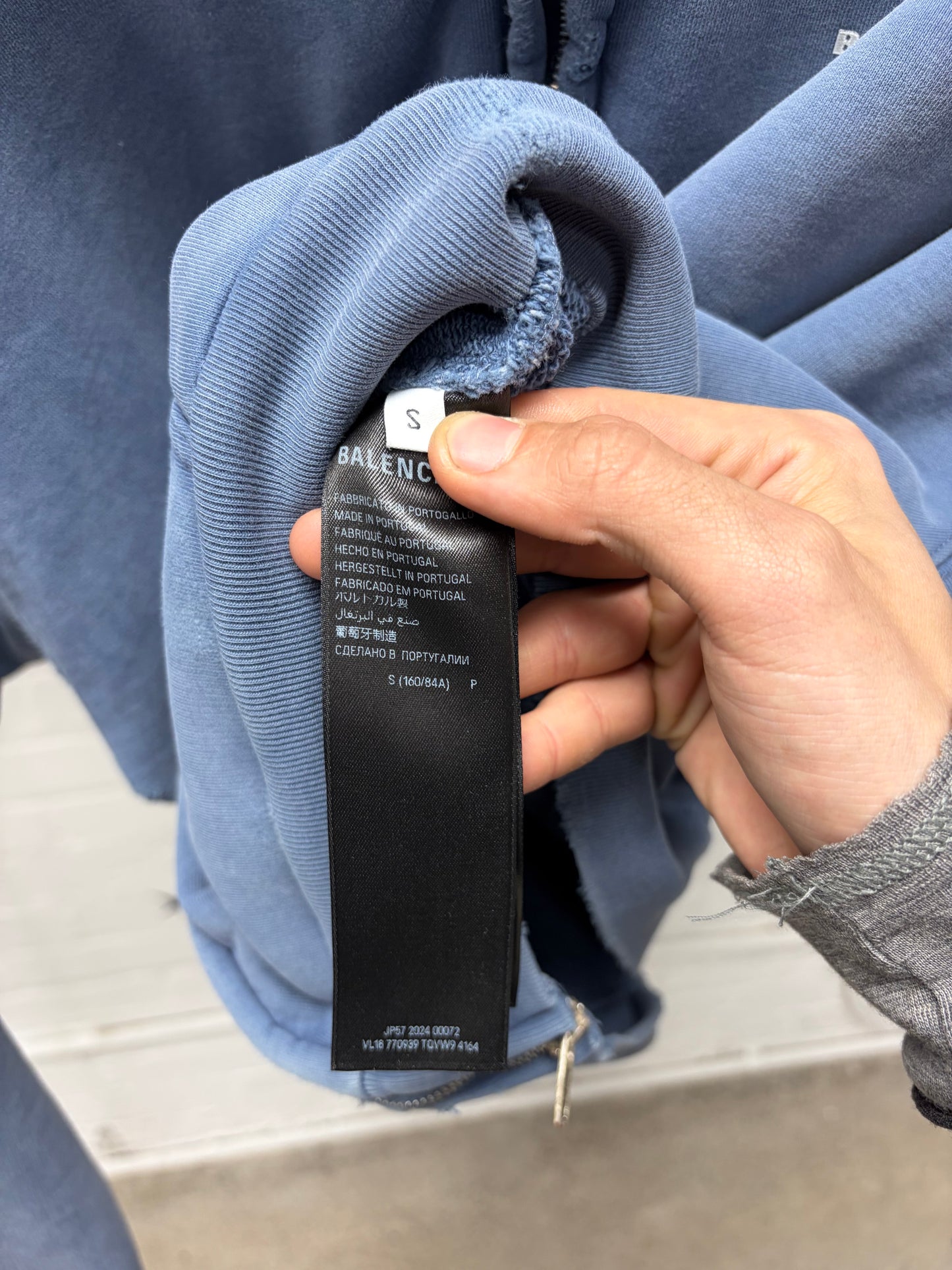 SS2024 Balenciaga ‘Unity Flame’ Blue Zip Up Distressed Cotton Hoodie
