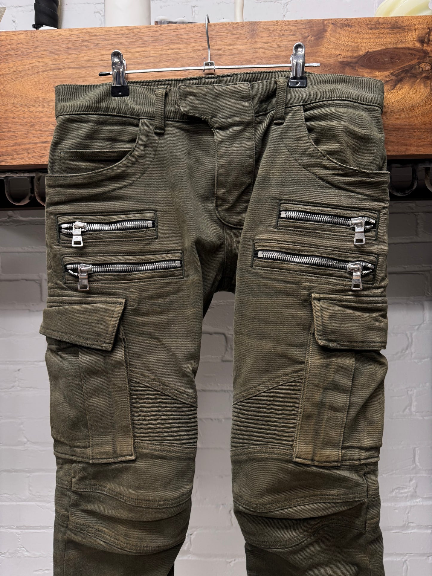 Balmain Military Green Skinny Cut Biker Denim