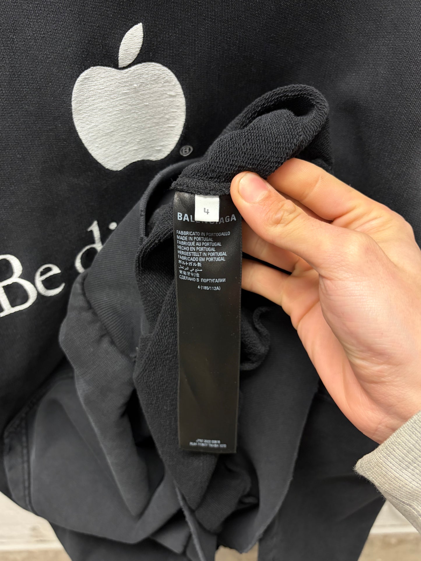 AW2022 Balenciaga ‘Be Different’ Apple Logo Distressed Black Heavy Cotton Hoodie