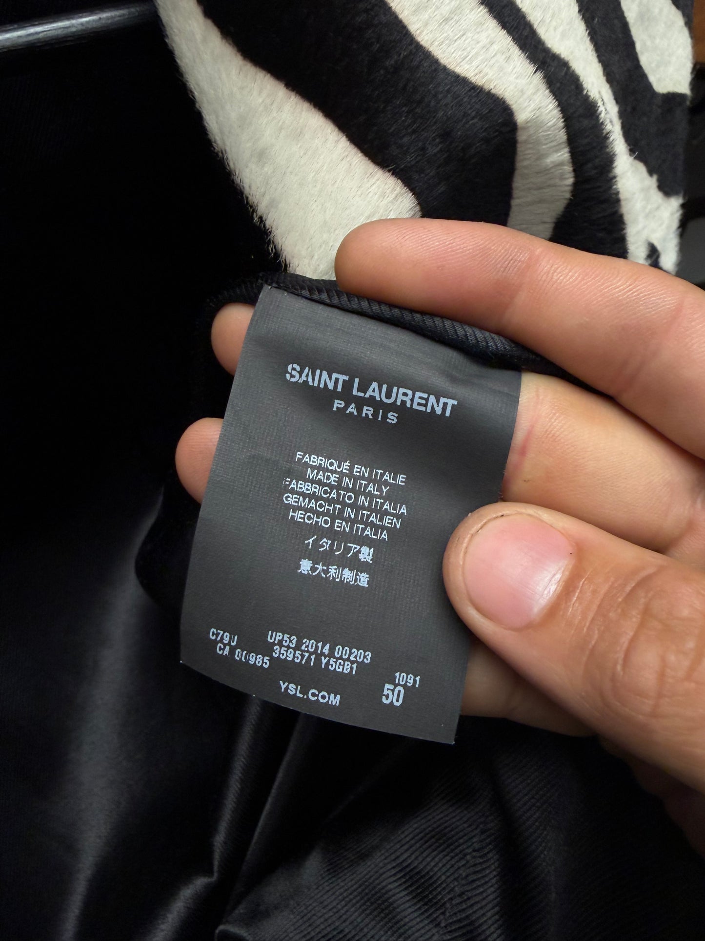SS2014 Saint Laurent ‘Ponyhair Interior’ Black Calfskin Leather Biker Jacket