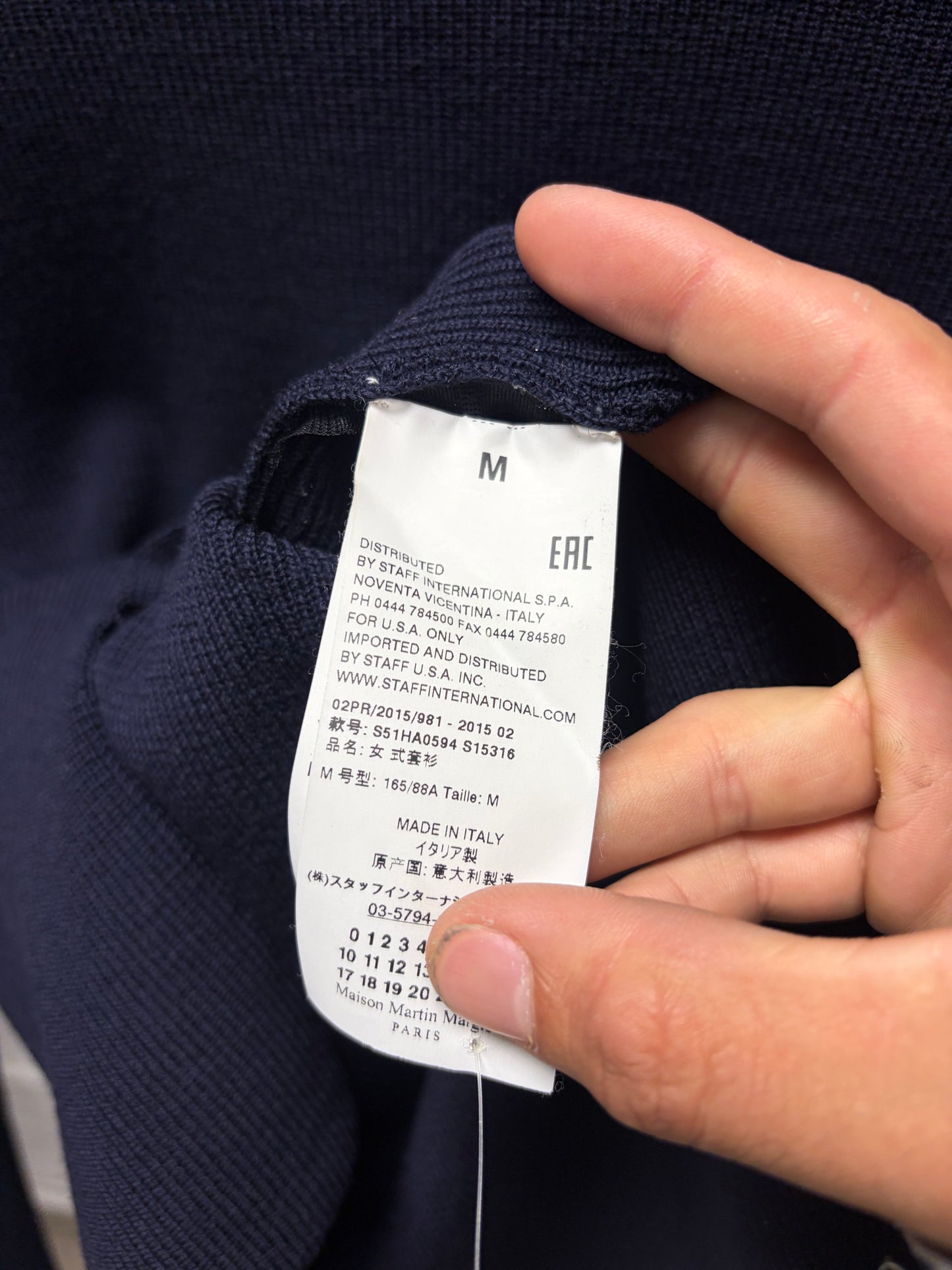 SS2015 Maison Margiela Leather Patch ‘Thumbhole’ Navy Blue Ribbed Knit Sweater
