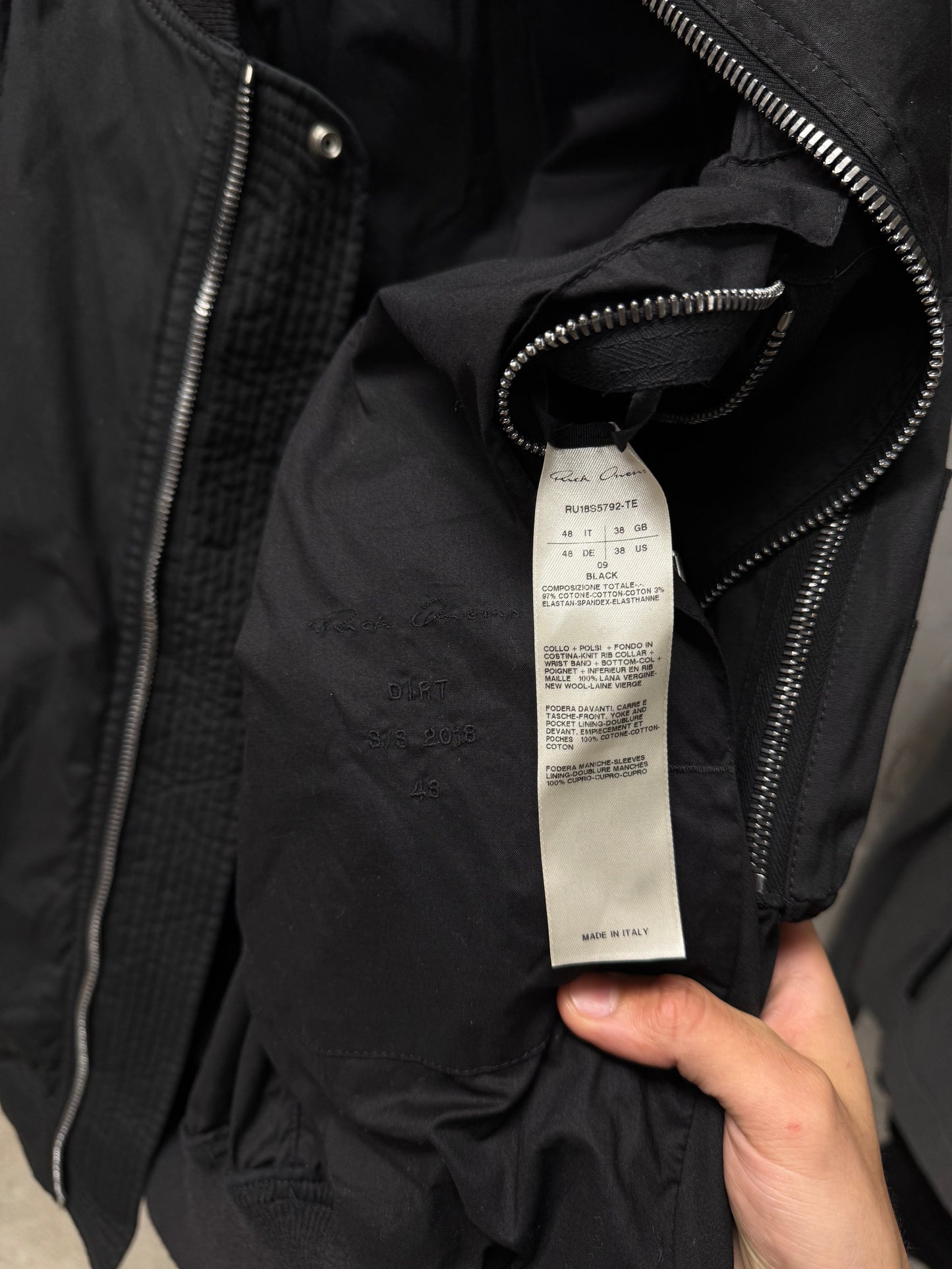 SS2018 Rick Owens ‘Dirt’ Lightweight Cotton MA-1 Bomber Jacket