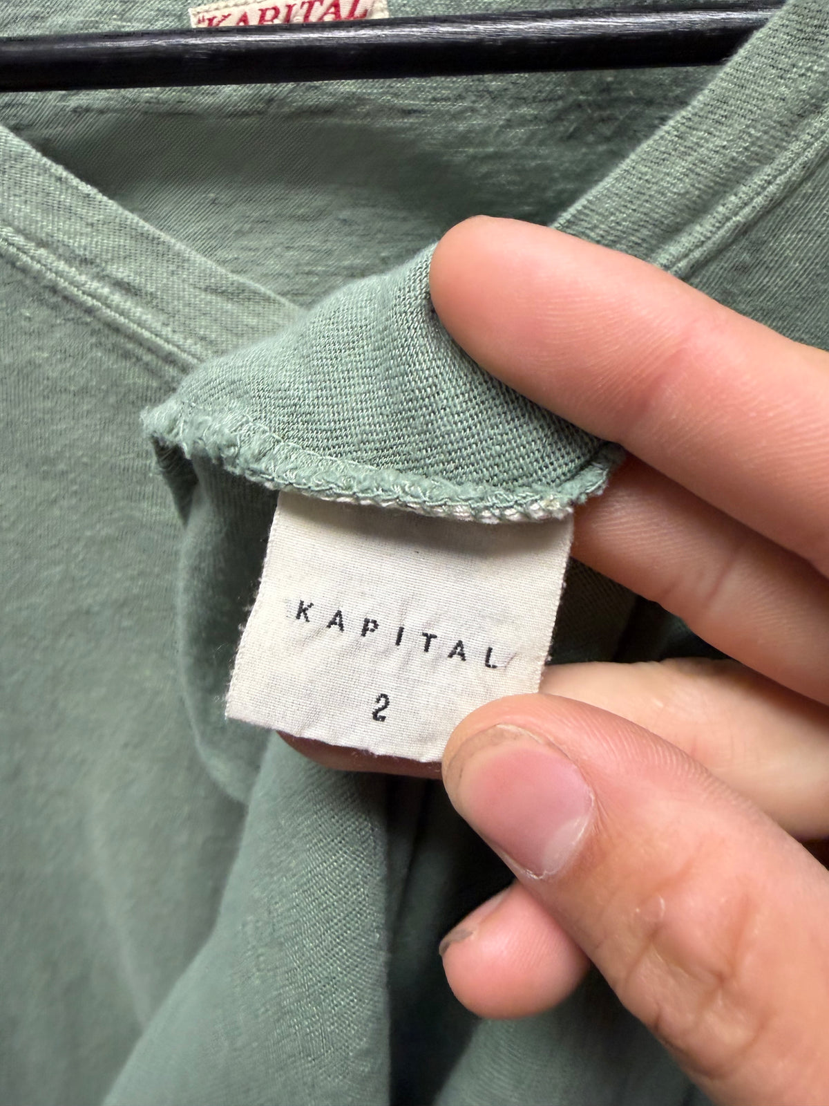 Kapital ‘Muted Green’ V-Neck Cotton Long Sleeve Pocket T-Shirt