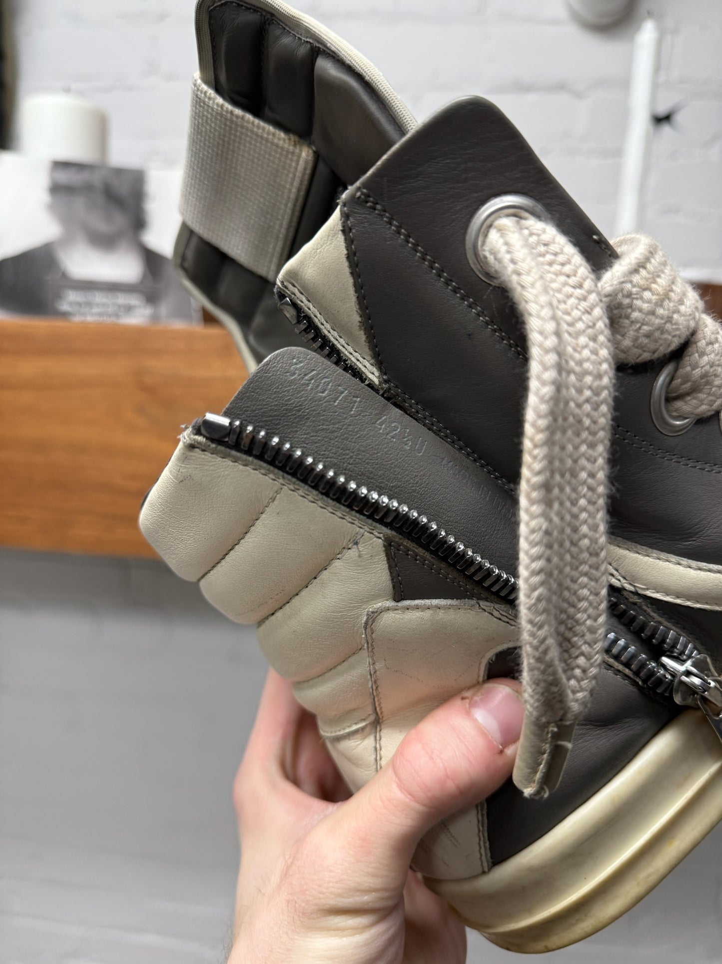 Rick Owens ‘Jumbo Lace’ Grey Leather ‘Geobasket’ High Top Sneakers