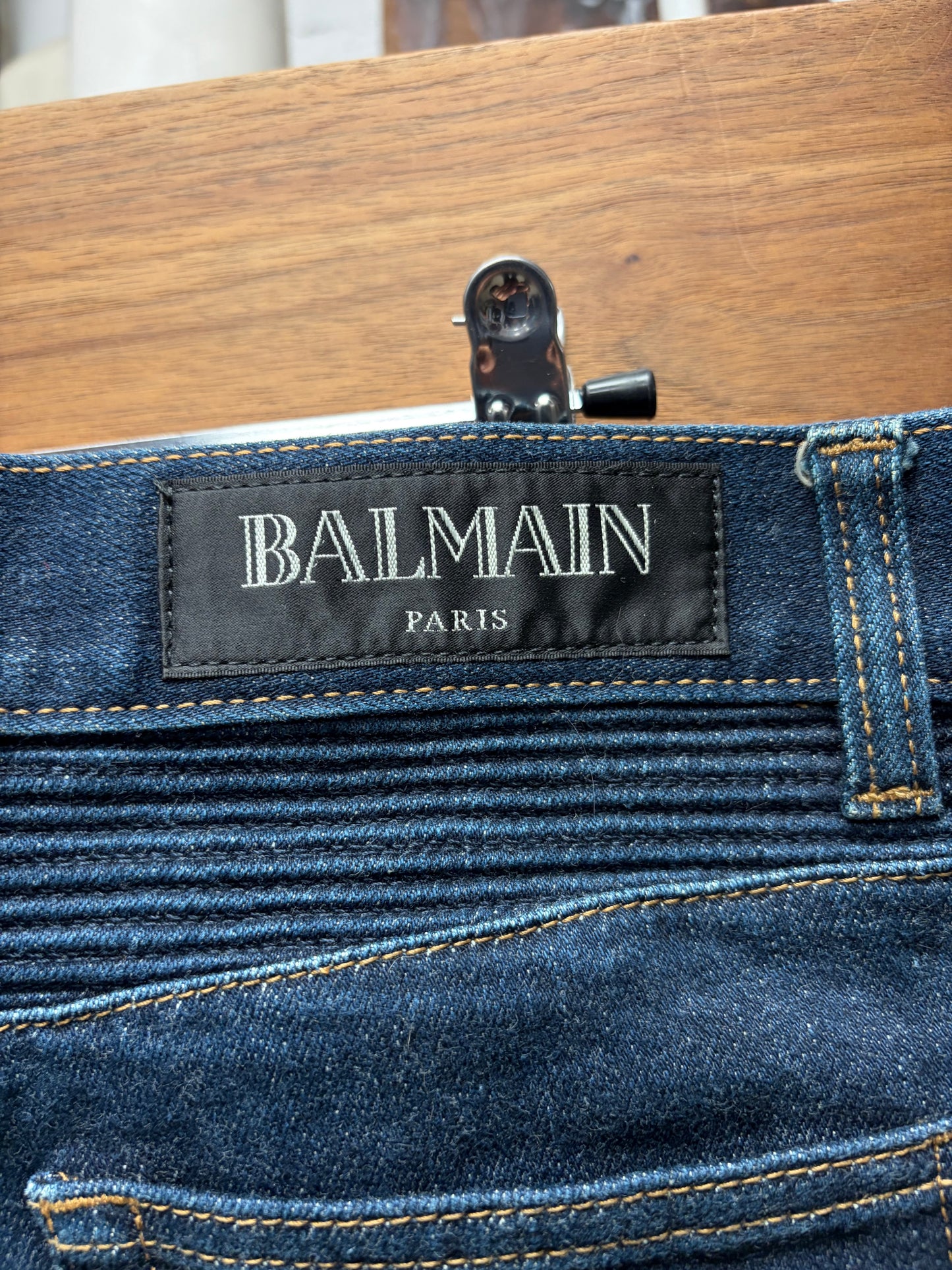 Balmain Classic Raw Blue Biker Knee Skinny Jeans