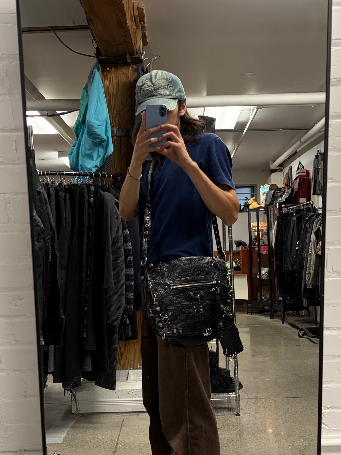 Balenciaga ‘Le Cagole’ Medium Size Pierced Black Leather Crossbody Messenger Bag