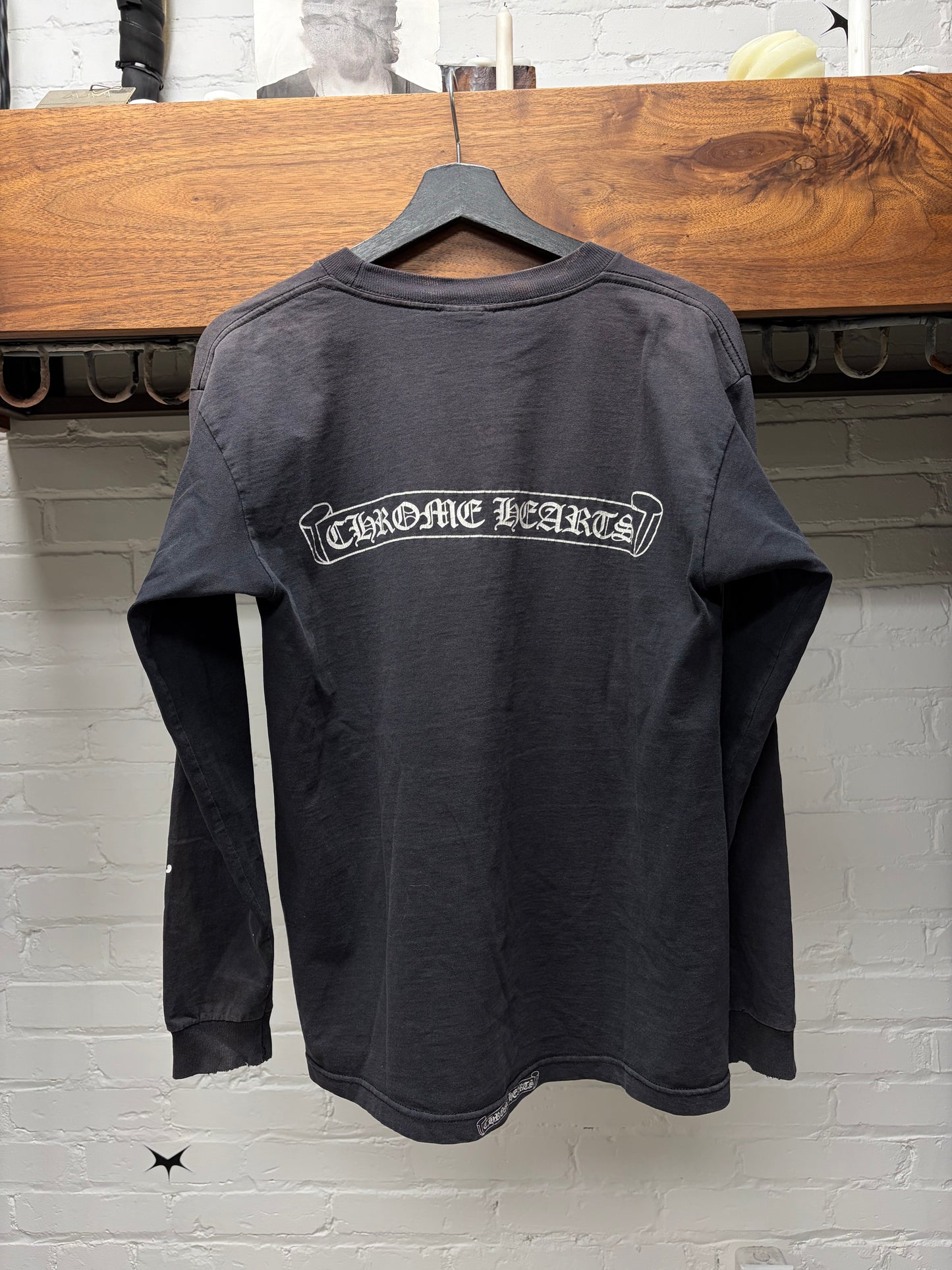Vintage 90s Chrome Hearts Sun Faded Black ‘Script Logo’ Long Sleeve Shirt